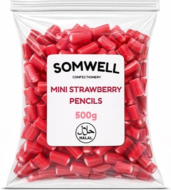 Somwell - Halal Mini Strawberry Pencils 500g   Bulk Bag - Soft Centre Chewy Strawberry Sweets, Pick and Mix Candy, Fruit Flavoured Treats, Resealable Pouch, Ideal for Party Bags & Sharing