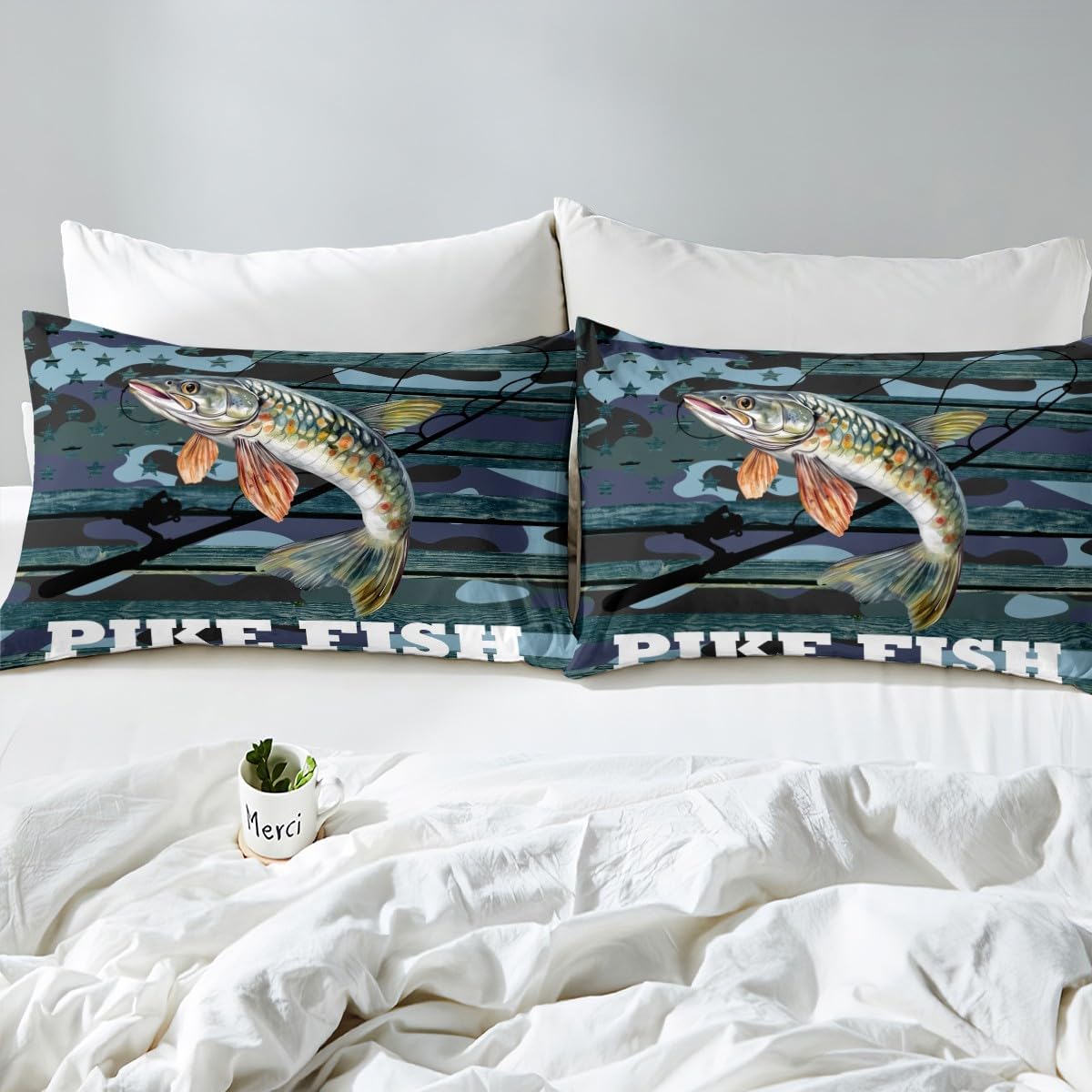 Erosebridal Big Pike Fish Bedding Set Full,Bass Fishing Duvet Cover for Kids Boys Men Room Decor,Blue Camo American Flag Bed Set Rustic Lake House Duvet Cover with 2 Pillowcases (No Comforter)