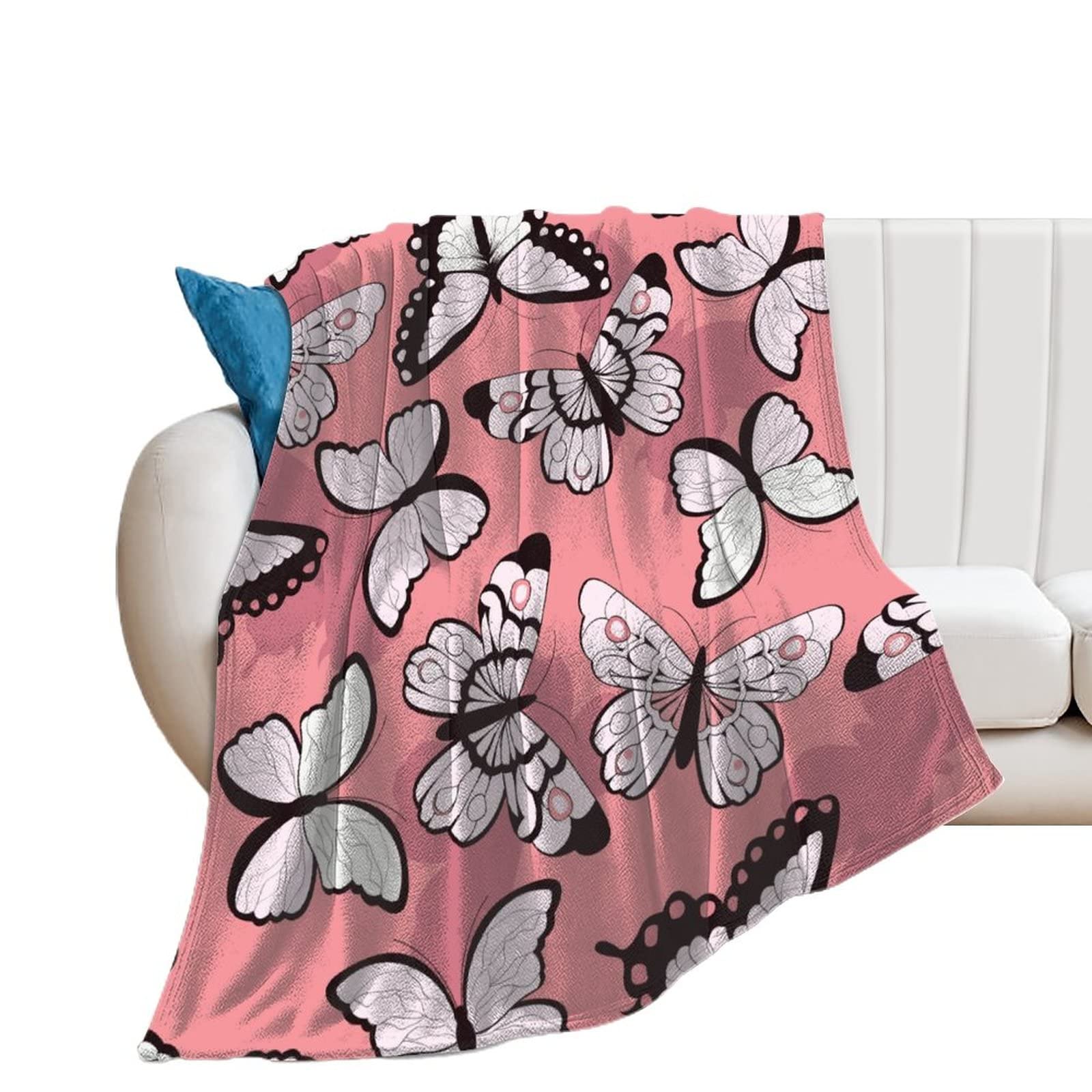 Couverture polaire rose aux motifs papillons, finition premium