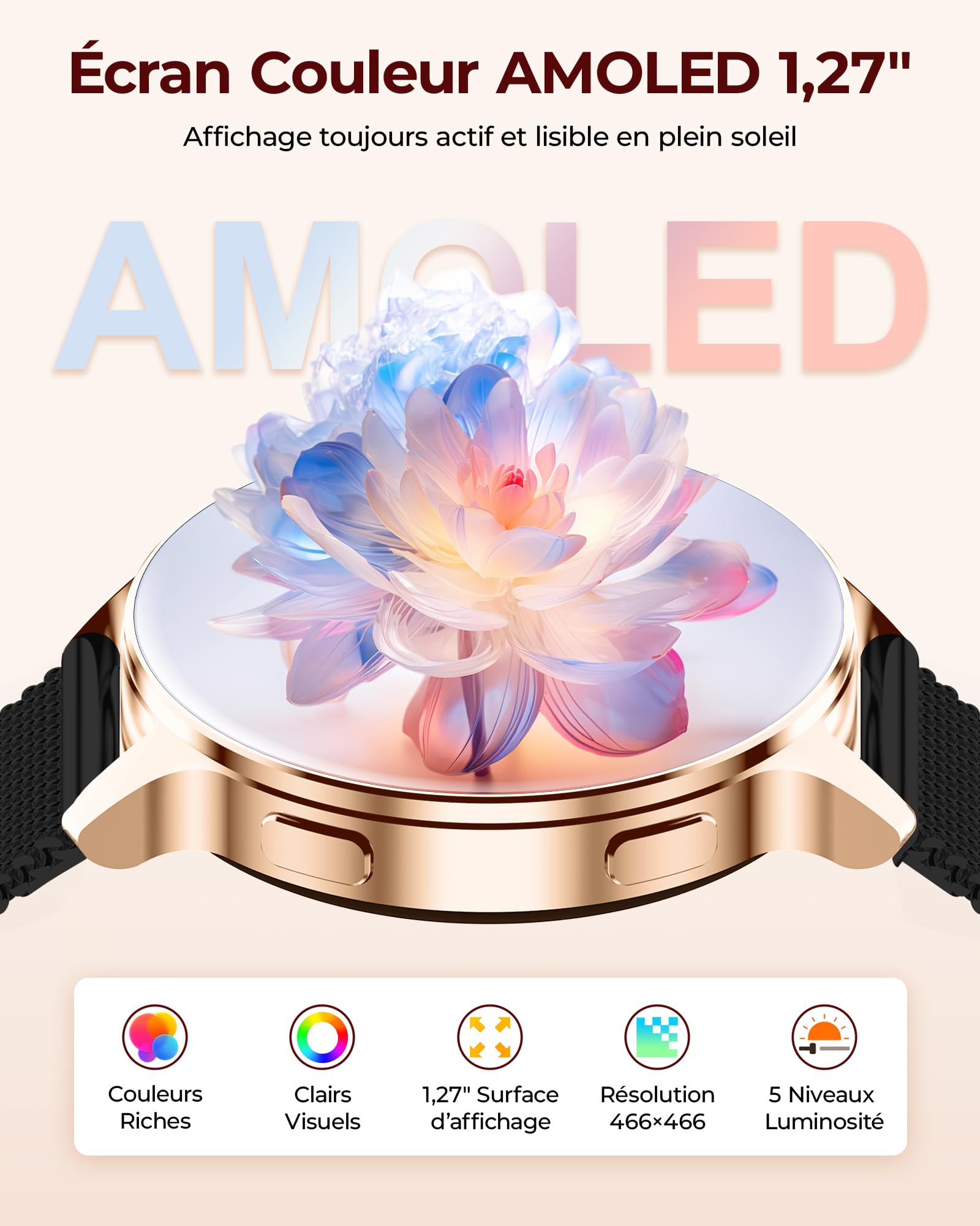 Iaret Montre Connectée Femme avec 3 Bracelets, 1,27" Écran AMOLED Always-on, Appel Bluetooth, 120+ Modes Sport, SpO2/Cardio/Sommeil, Smartwatch Ronde pour Android iOS, Cadeau (Or Noir)