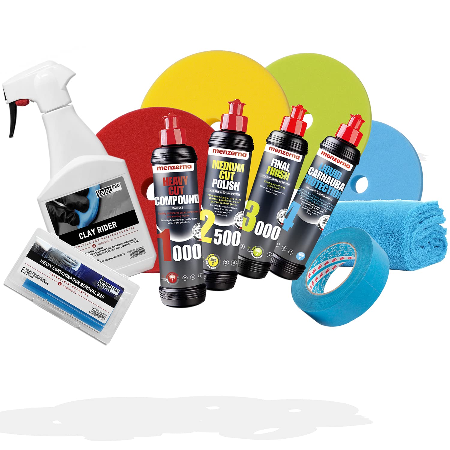 detailmate Juego de abrillantador de coche Menzerna 250 ml + cera de carnauba líquida de 250 ml + almohadillas de Garage Freaks + ValetPRO Clay Rider 500 ml + pasta de limpieza + accesorios