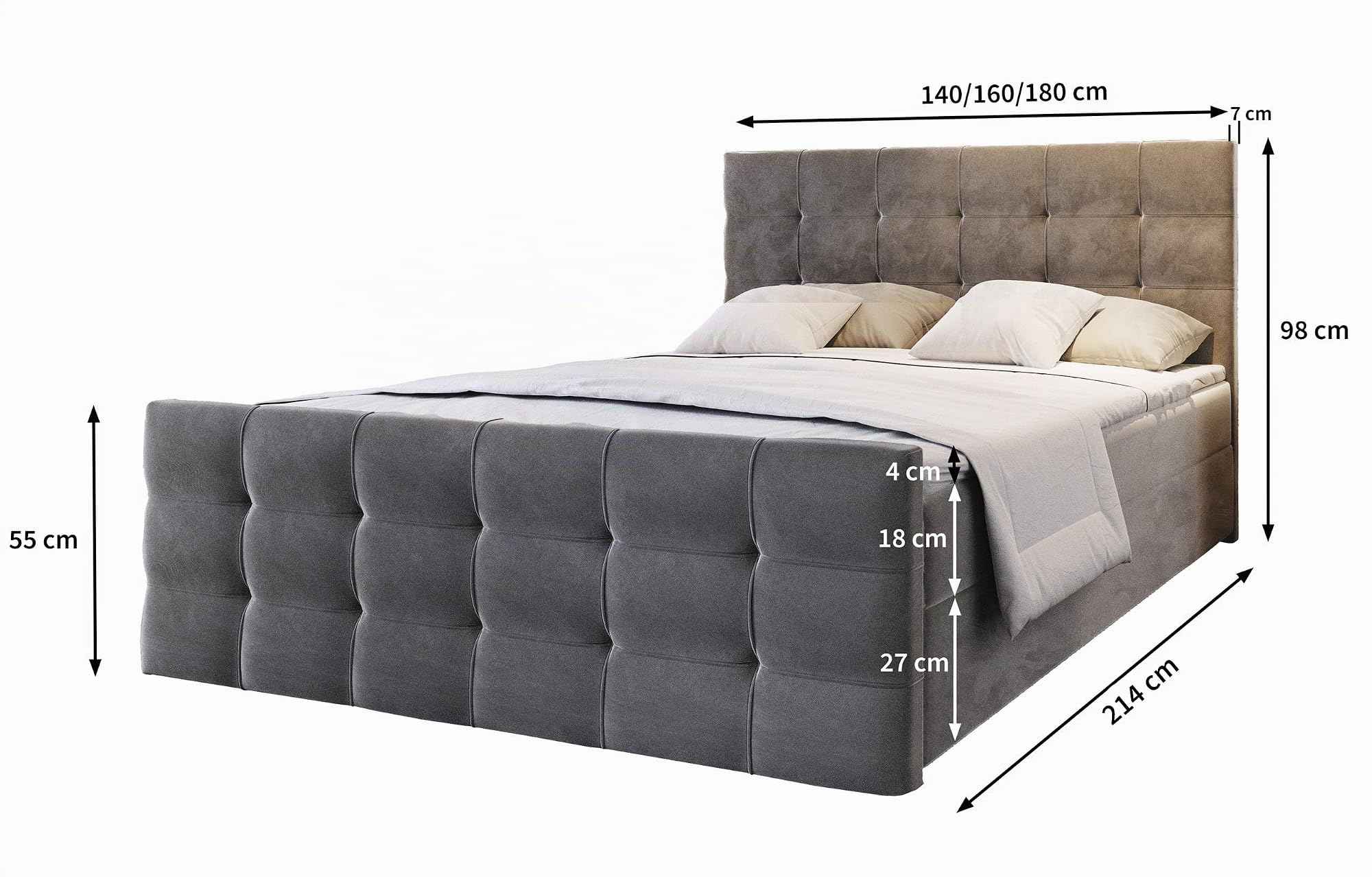 Masseno Boxspringbett Amon 180x200 cm Komplett-Set mit Matratze und Topper, Polsterbett mit Zwei Bettkästen -Grau, Cosmic 160