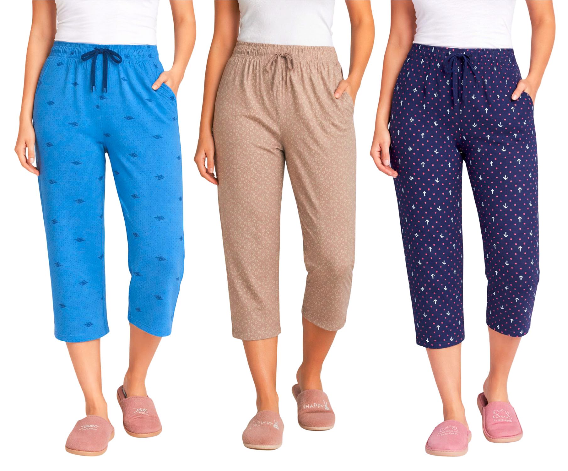 Women’s Printed Cotton Capri Pants Pack of 3 for Women with Pocket | Soft Comfortable Stretchable Daily Wear Lounge Capri Bottomwear Set (BLUE-BROWN-NVY, M)-picture-41