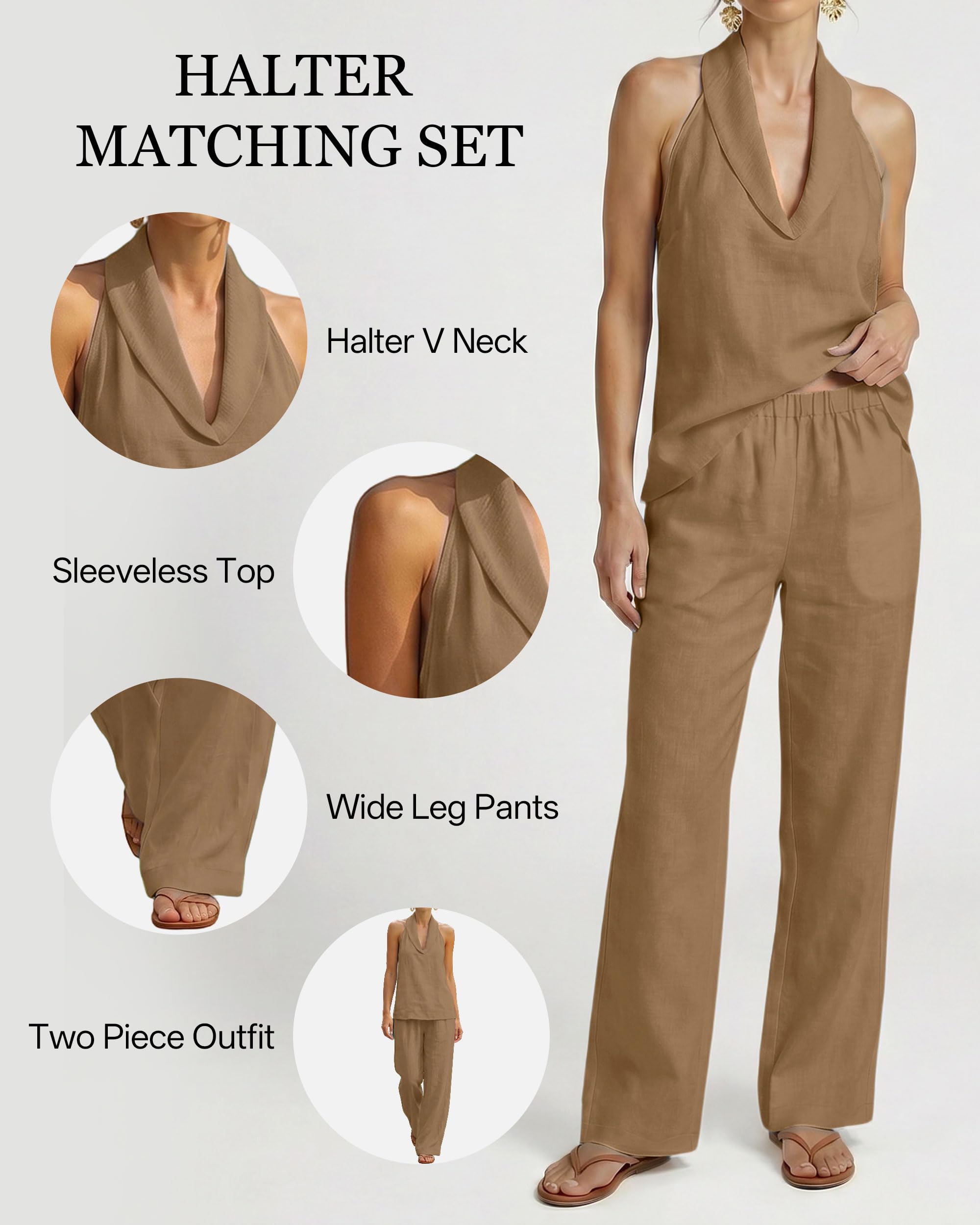 Completo Donna Due Pezzi Outfit Estivo Top Halter Pantaloni a Gamba Larga con Tasche