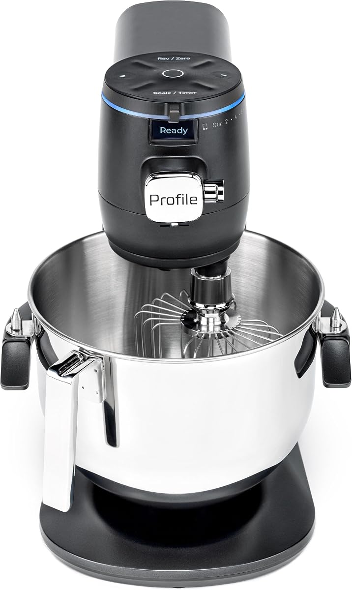 GE Profile Smart Stand Mixer with 7qt Bowl, Built-in Scale, Auto Sense | 540W Brushless DC Motor, Voice Control Alexa/Google, Reverse Mode, Lift & Lock Arm, Timer, Dough Hook, Beater, Whip