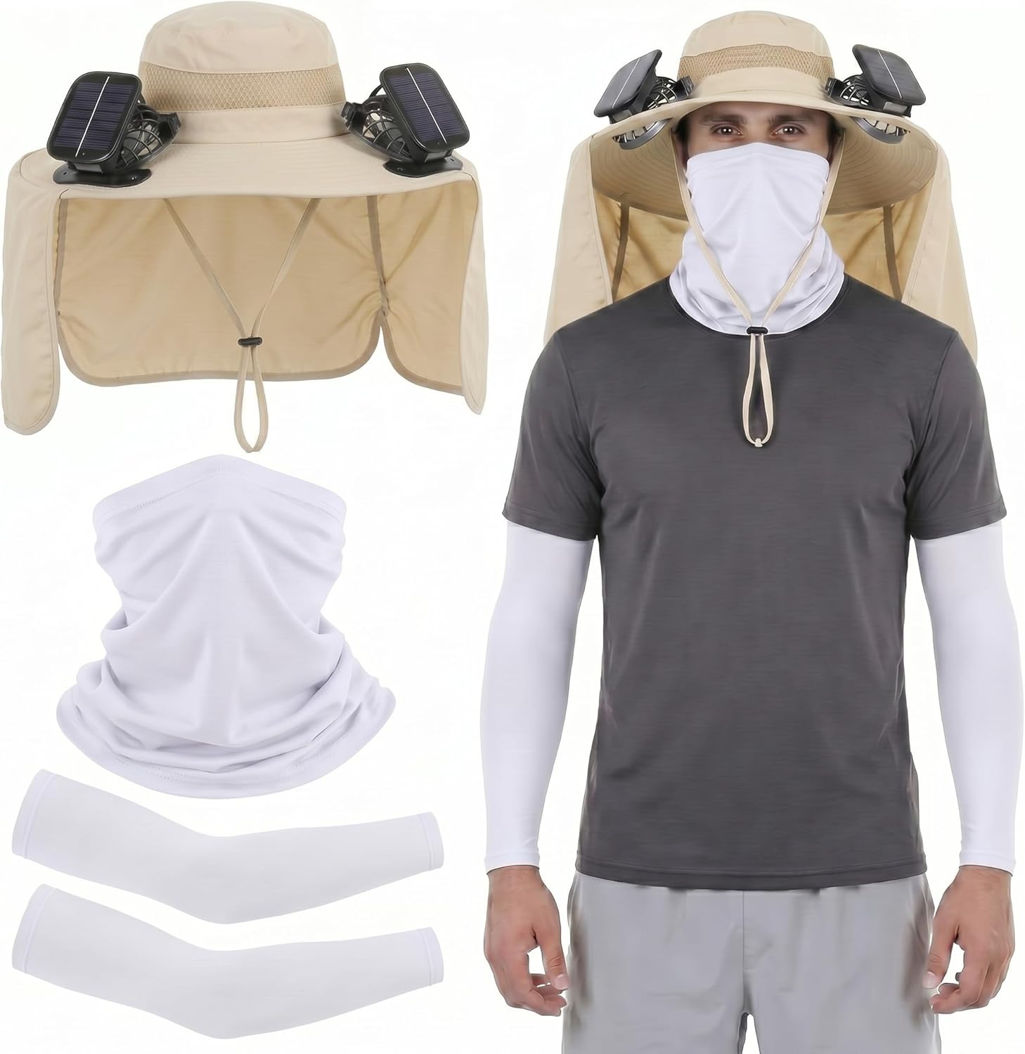 3 Packs Solar Fan Hat with Arm Sleeves and Neck Gaiter Wide Brim Fishing Hat for Outdoor Camping Hiking