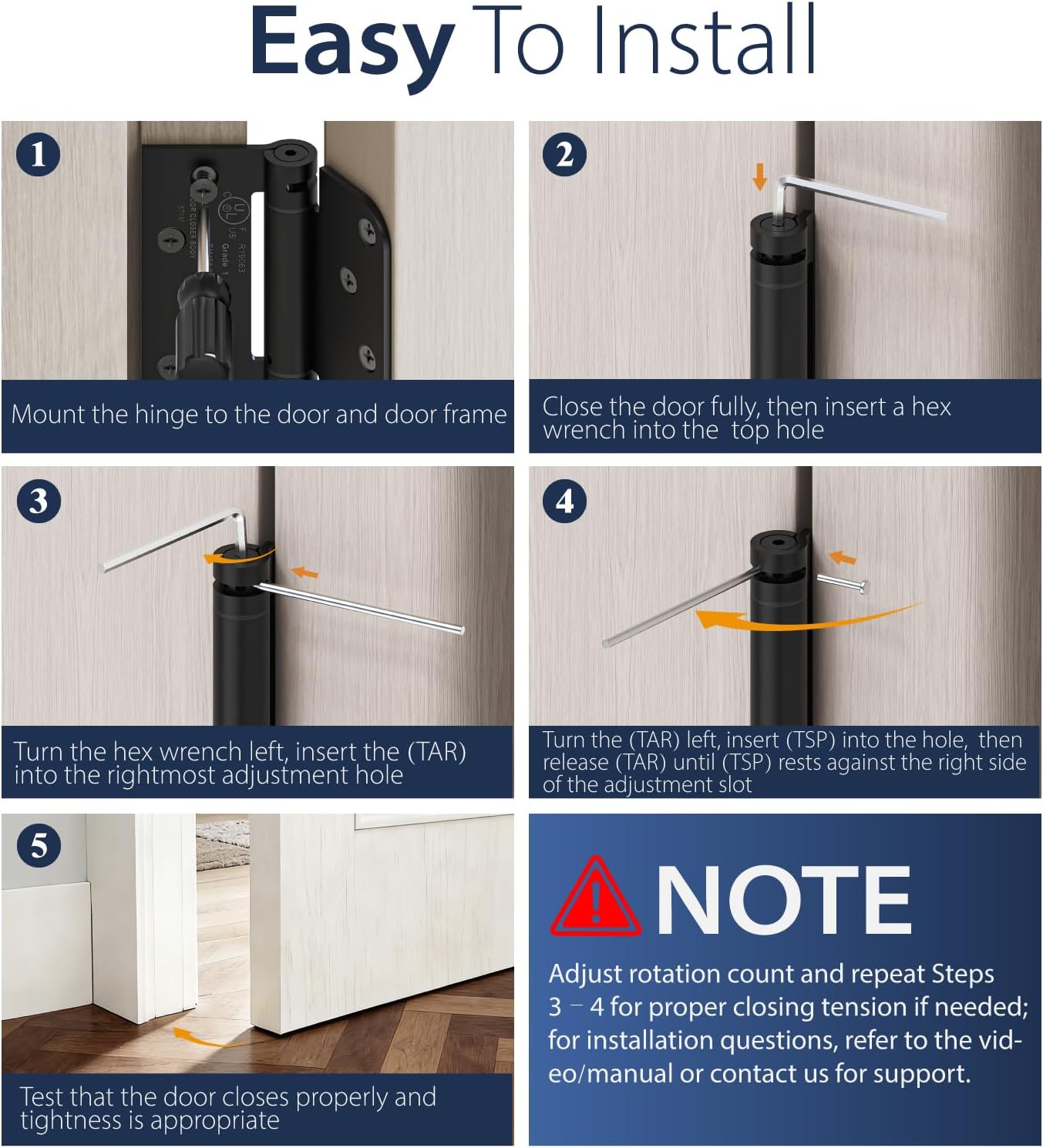 4-Pack Self Closing Door Hinges, 4 Inch Spring Loaded Hinges with Square & 5/8'' Radius Corners, Adjustable Tension for Exterior,Garage, Front Back Door,Left Right Hand Door,UL Listed,Black