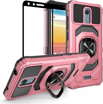 Case for Cricket Vision 3 CASE/AT&T Calypso CASEU318AA w/Tempered Glass Screen ProtectorFull Coverage Heavy Duty Shockproof Magnetic Car Mount Ring Stand Protective Cover Rose Gold Black