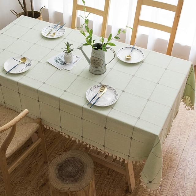Pahajim Tablecloth Square Wipeable Washable Cotton Linen Table Cloth Wrinkle Free Tassel Decoration for Outdoor Coffee Table, Kitchen, Dining, Tabletop Decoration (Grid green, 55 x 55 inch)