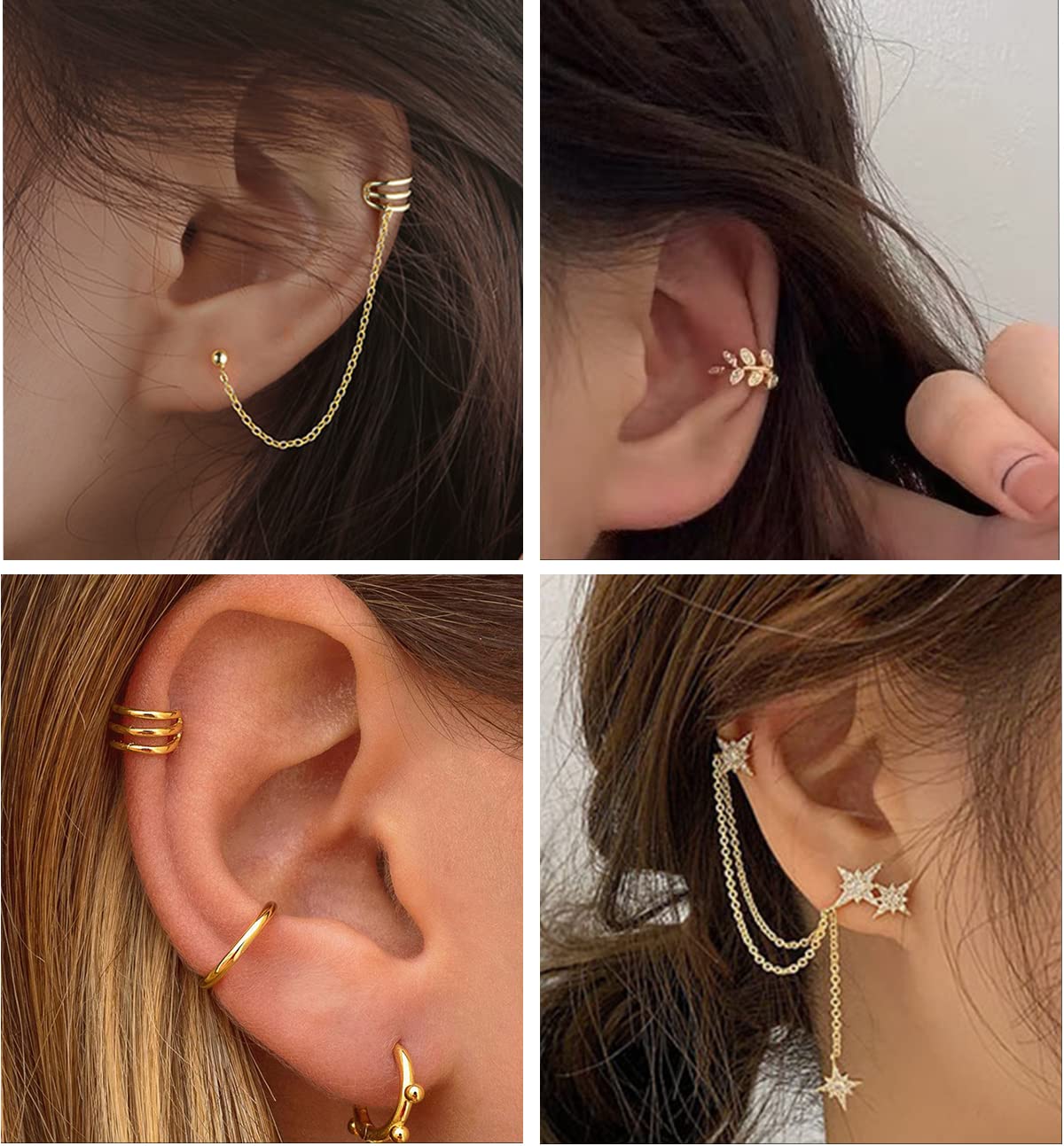 20Pcs Ear Cuff Earrings Clips On Helix Cartilage Dangle Chain Wrap Cuff Earrings for Women Girls Silver Gold Tone Adjustable