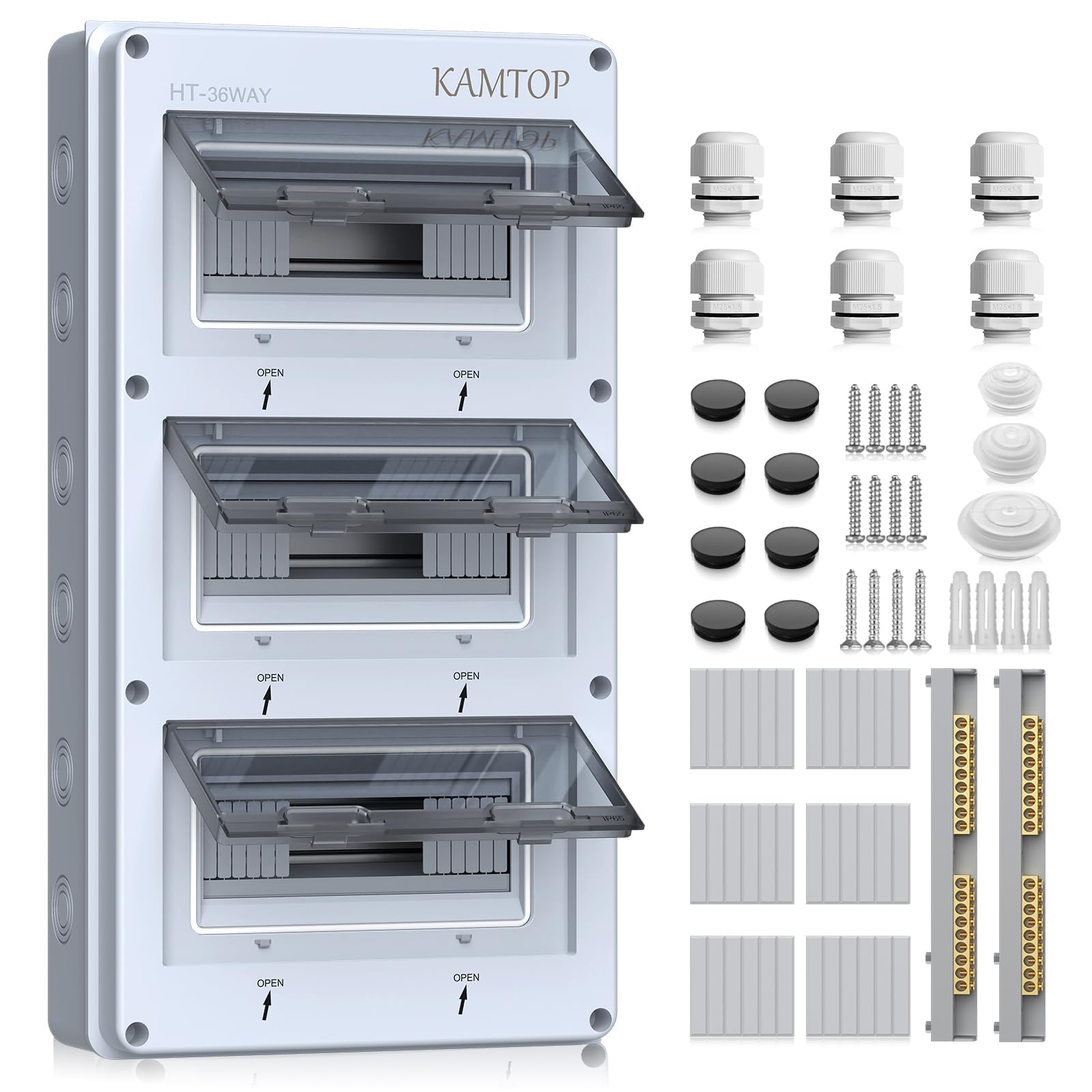 Kamtop Surface-Mounted Distribution Box, 2 Rows 36 Modules – IP65 Fuse Box, Small Distribution Box for Outdoor Use, Garden, Farm, Shop, with Terminals & Connectors