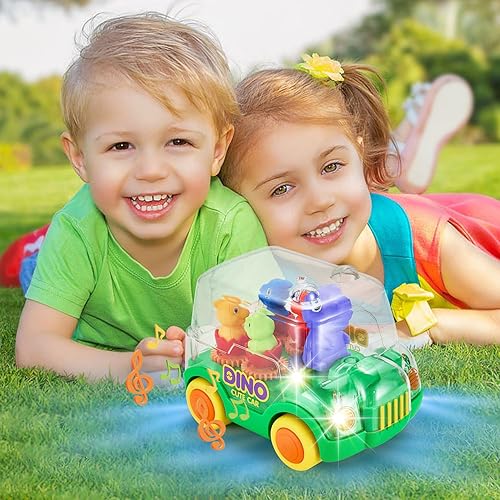 Miniatura 2 de Autos de autobús de dinosaurio (verde), camiones de juguete iluminados para niños, automático Bump & Go Clear con engranajes móviles de color,