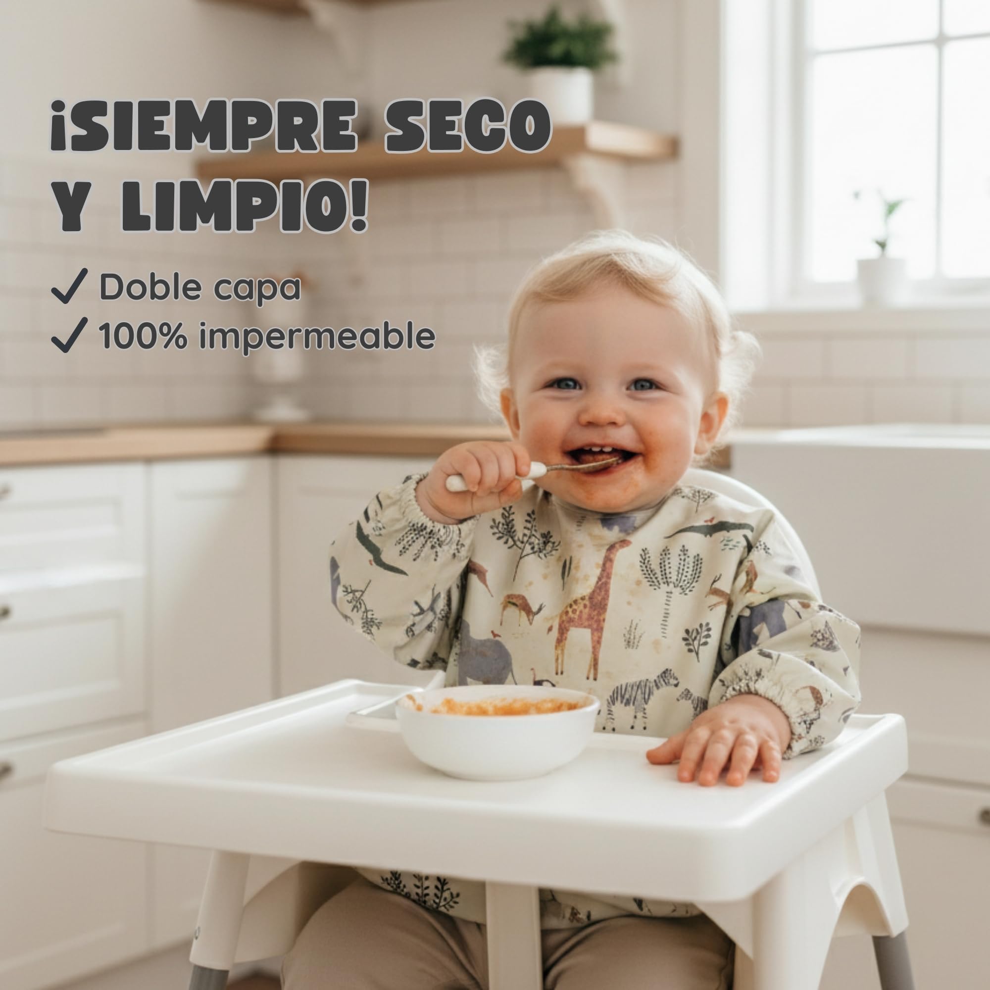 Baberos Bebé Impermeables con Mangas + Bolsita de Transporte | Babero BLW para Bebé 12–36 Meses | Doble Capa 100% Impermeable | Puños Elásticos y Bolsillo Canguro | Fácil de Limpiar