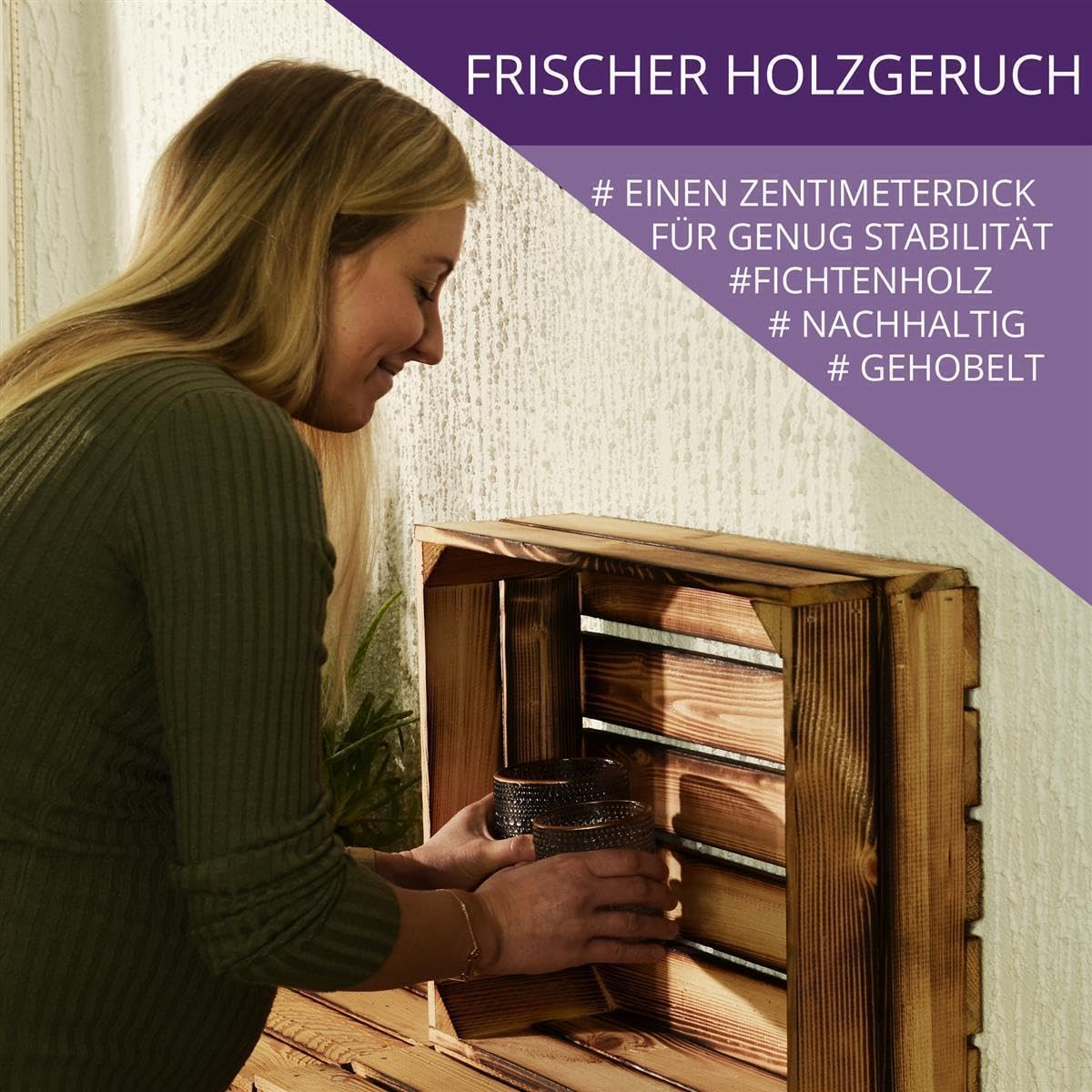 5 Set Holzregal Schmalhanz 50x40x15cm - Hell Geflammt 1x Kurzes Regal