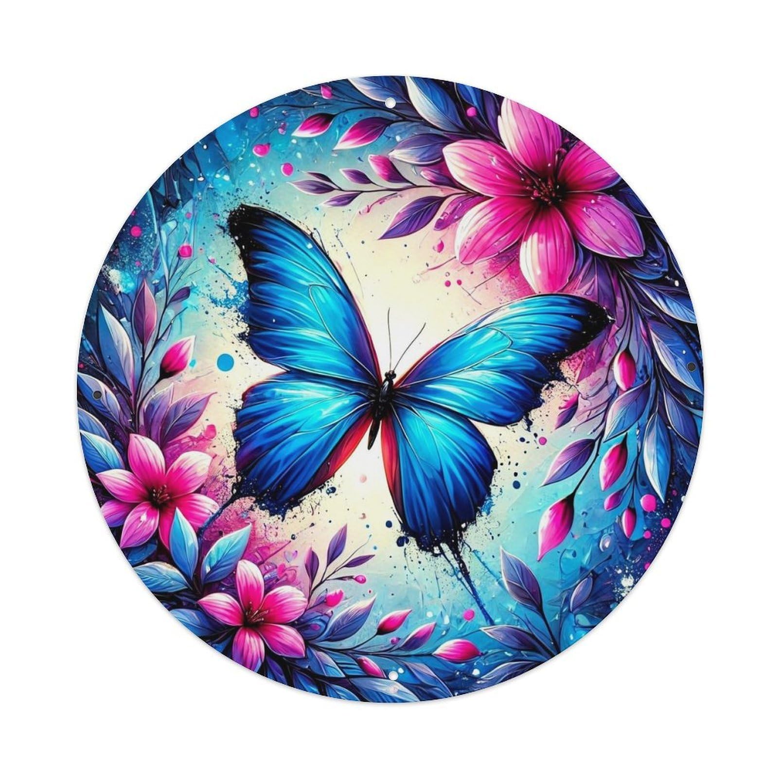 Blue Butterfly Pink Flowers Leaves Round Tin Sign Vintage Metal Sign Home Bar Garden Indoor & Outdoor Wall Decor Retro Metal Poster 8x8 Inch