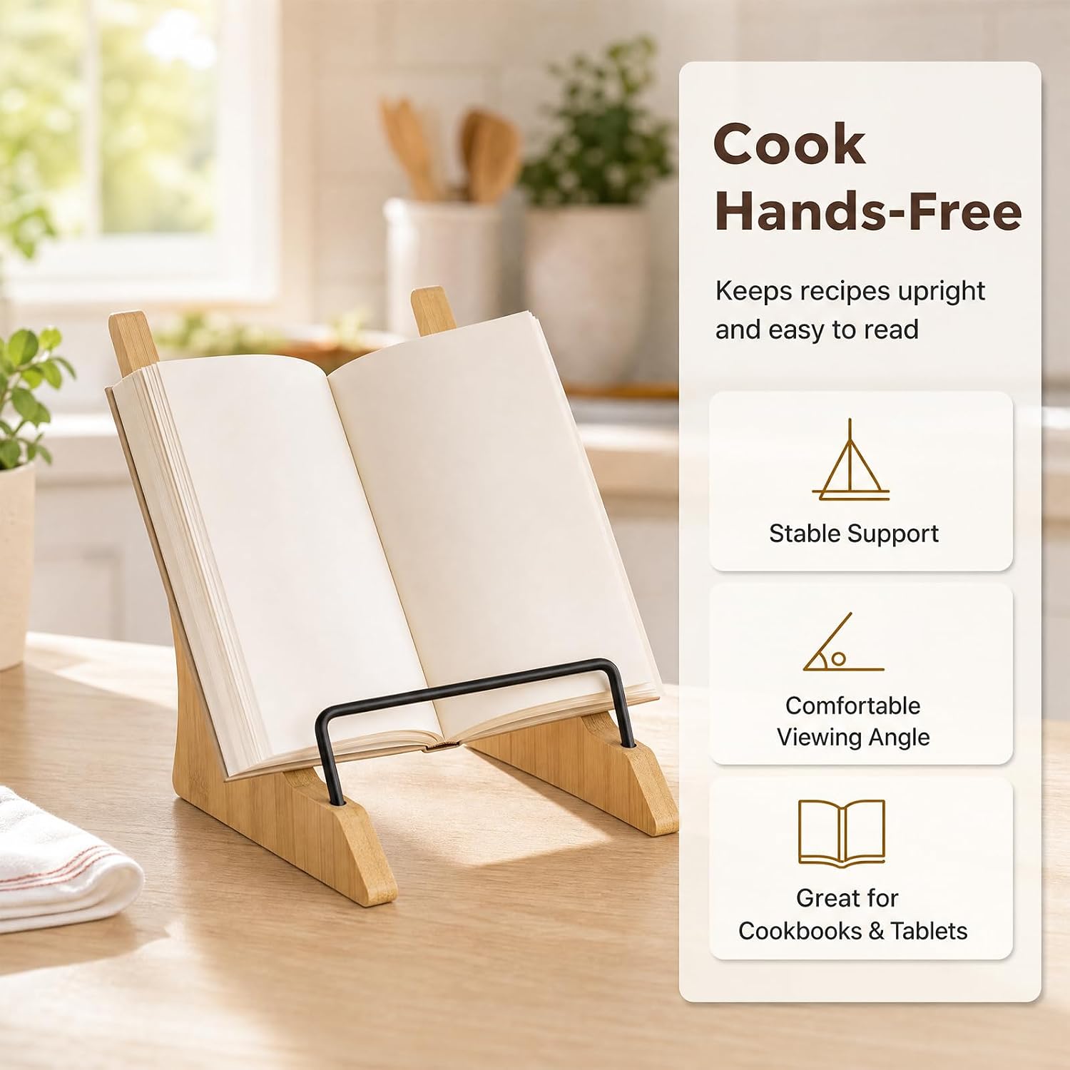 Cookbook Stand for Kitchen Counter, Wooden Recipe Book Holder, Fits iPad