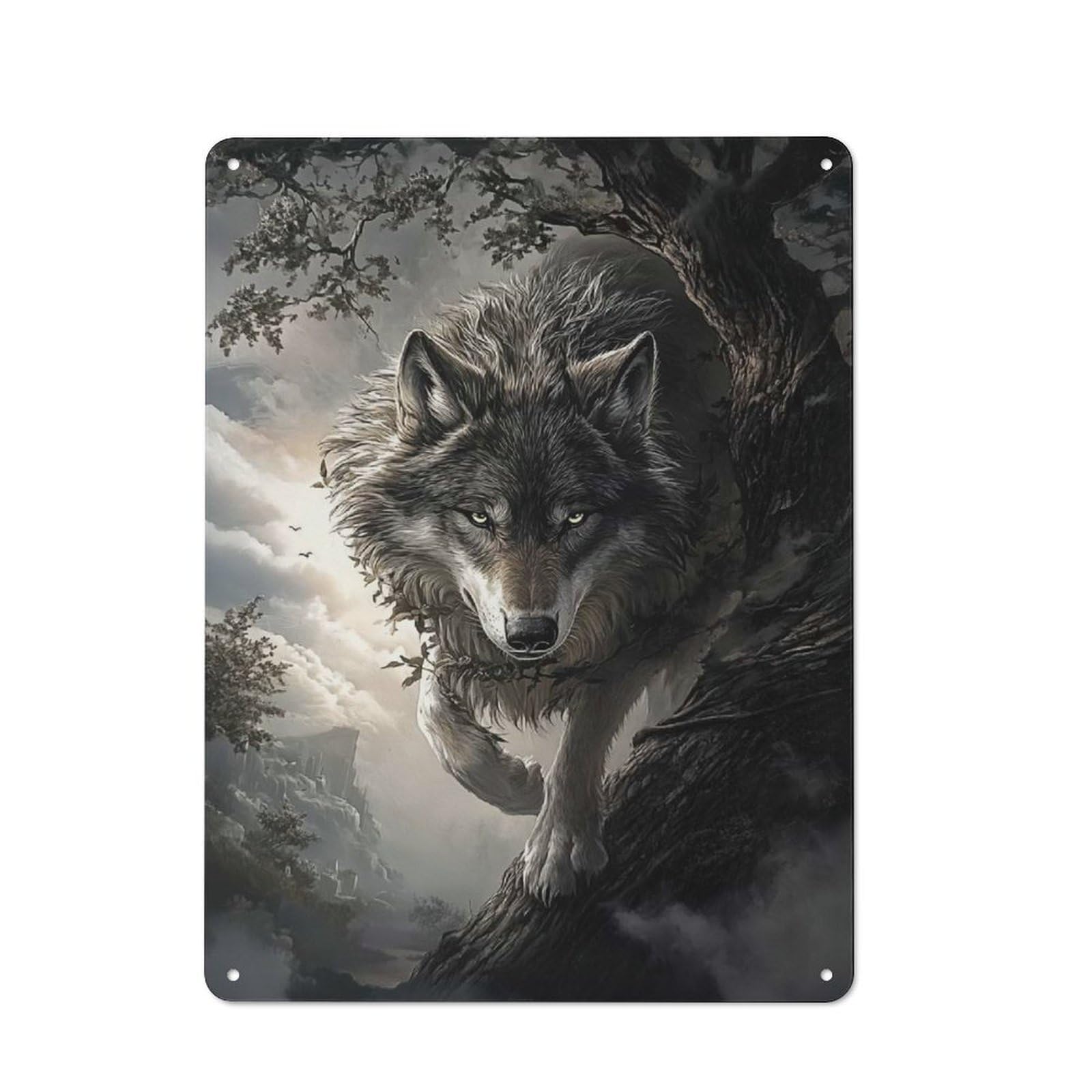 For Hobby Room Or Studio, Wolf in The Woods Rustic Metal Sign 40x30cm, for Creative Interior Collectors Refreshing A Room in Autumn