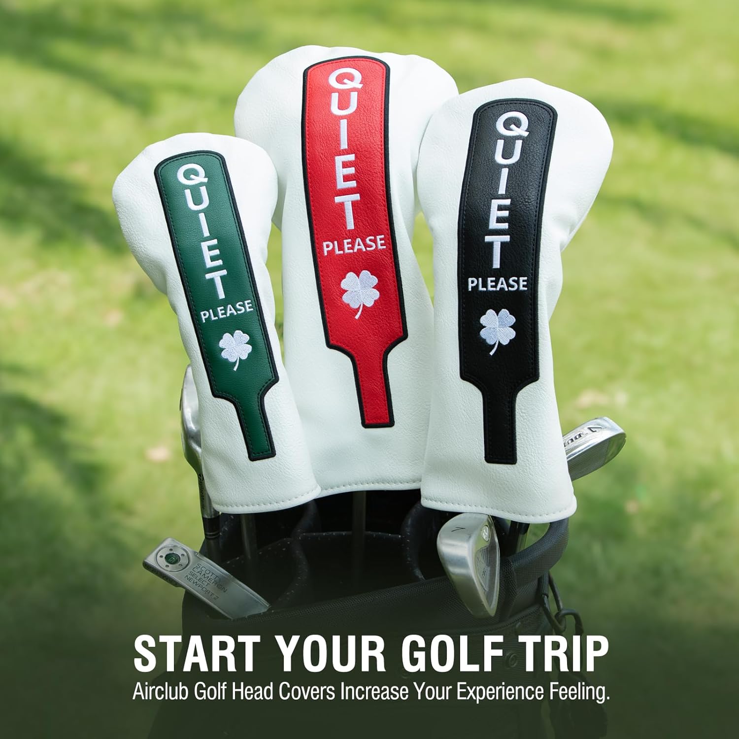 Golf Club Head Covers, Quiet Lucky Clover Style Golf Driver Covers, Fairway Wood and Hybrid Head Covers with Interchangeable Tags, Premium PU Leather Golf Club Covers