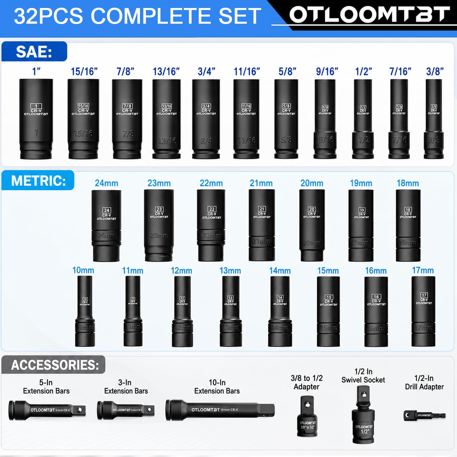 OTLOOMTBT Impact Socket Set - 32 Pcs SAE & Metric -2 OTLOOMTBT Impact Socket Set - 32 Pcs SAE & Metric -2