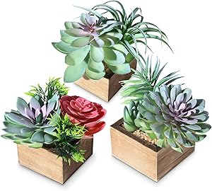 Artificial Succulents Plants Realistic Fake Succulents Set of 3, Mini Artificial Plants for Home Decor Indoor, Maintenance-free Fake Plants in Wood Pots Faux Succulents for Table Bathroom Office Decor