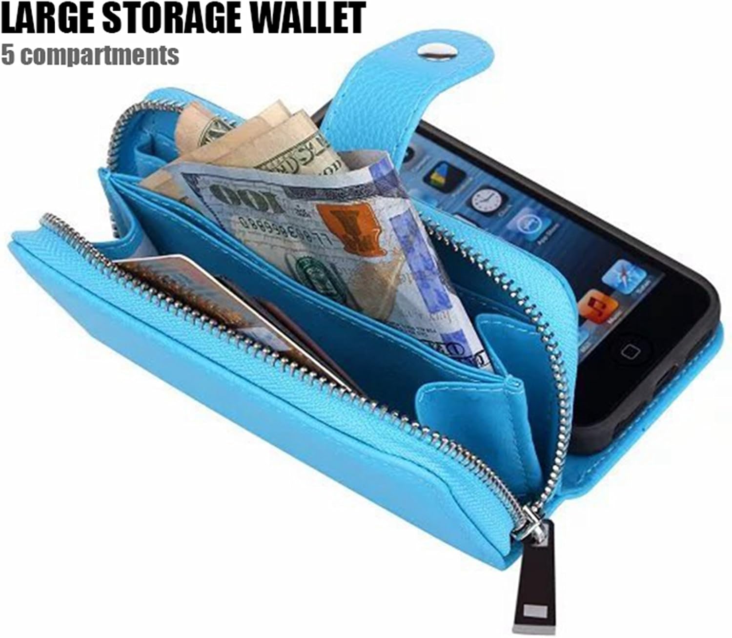 iPhone 5/5S/SE Wallet Case, Hynice iPhone 5/5S/SE Wallet Purse Case Leather Zipper Case with Credit Card Slots and Magnetic Detachable Slim Cover for iPhone 5/5S/SE (Litchi-Blue)