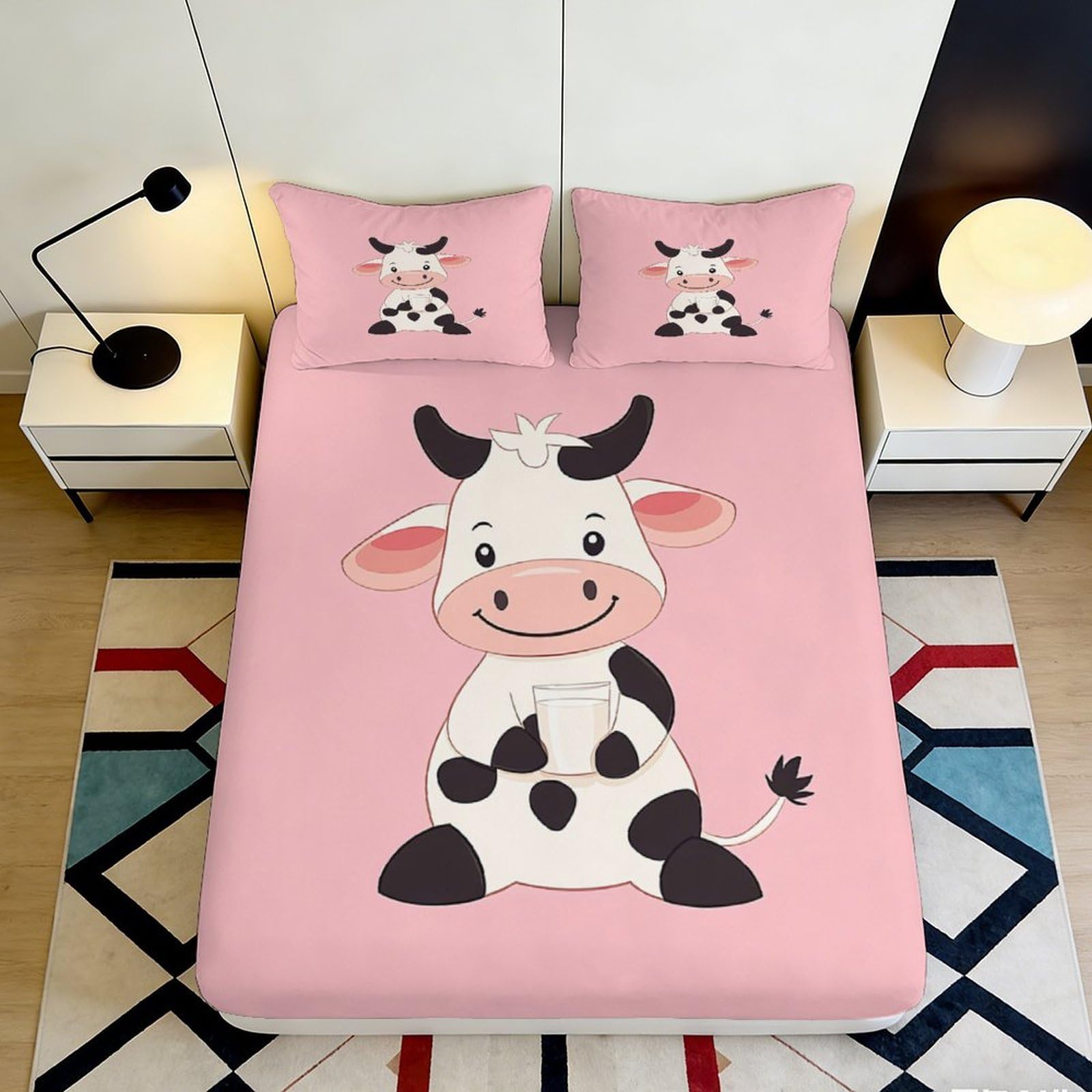 3D Printed Cartoon Cow Fitted Sheet Microfiber Non-Slip Deep Pocket Bedroom Bedding Cow Mattress Fitted Cover All Wrap Washable Home 120x200x25cm