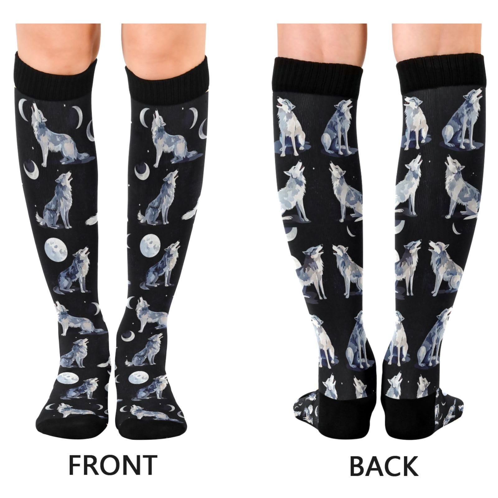 Jucciaco Moon Wolf Black Two Pairs Fun Socks Warm Soft Compression Socks Wear Resisting Easy To Stretch Running Socks