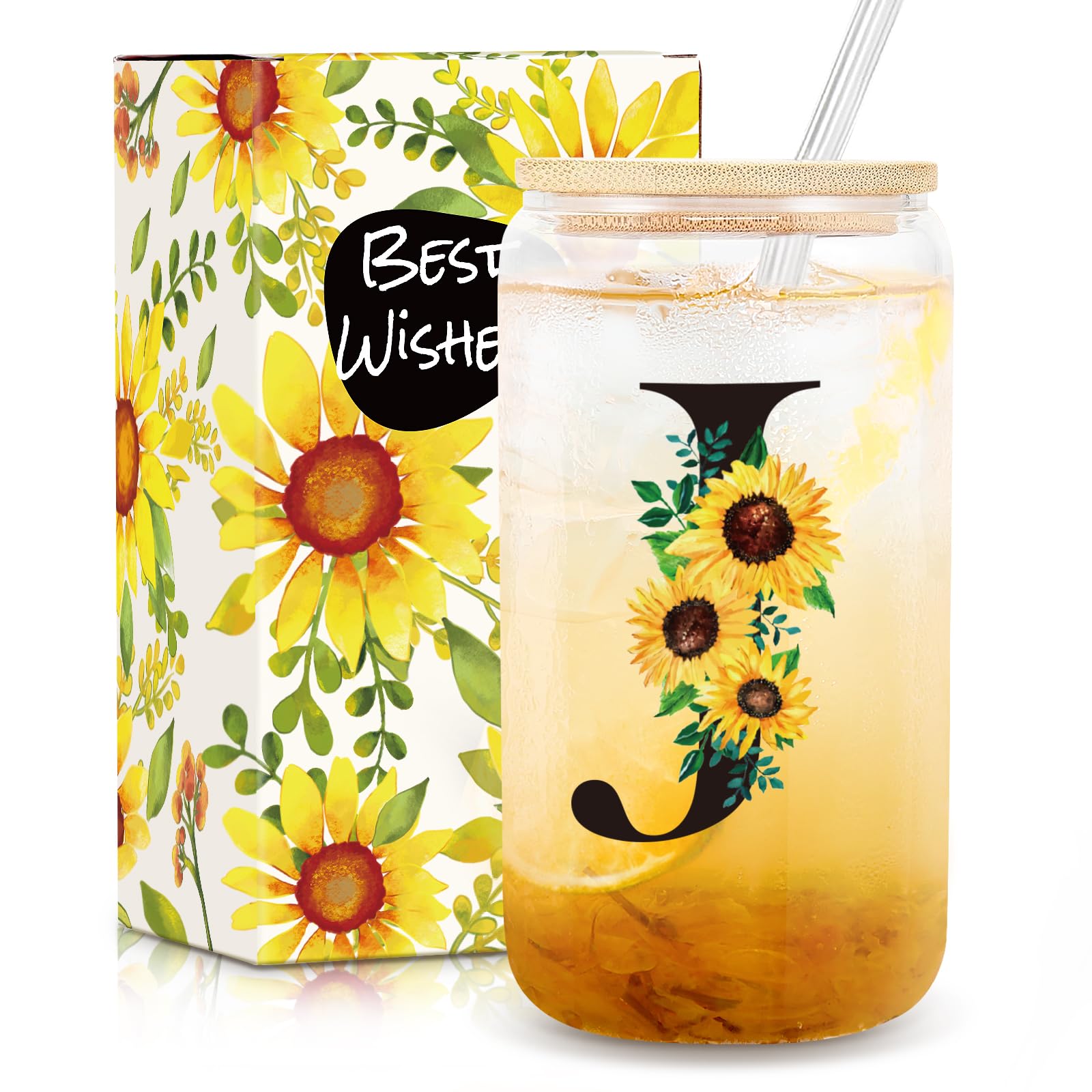 Frerdui Birthday Gifts for Women, Initial Glass Cups w Lids and Straws, Sunflower Gifts for Women, Personalized Gift, 16oz Glass Tumbler Cups W/Straw Lid, Monogrammed Mothers Day Gift for Her Mom - J