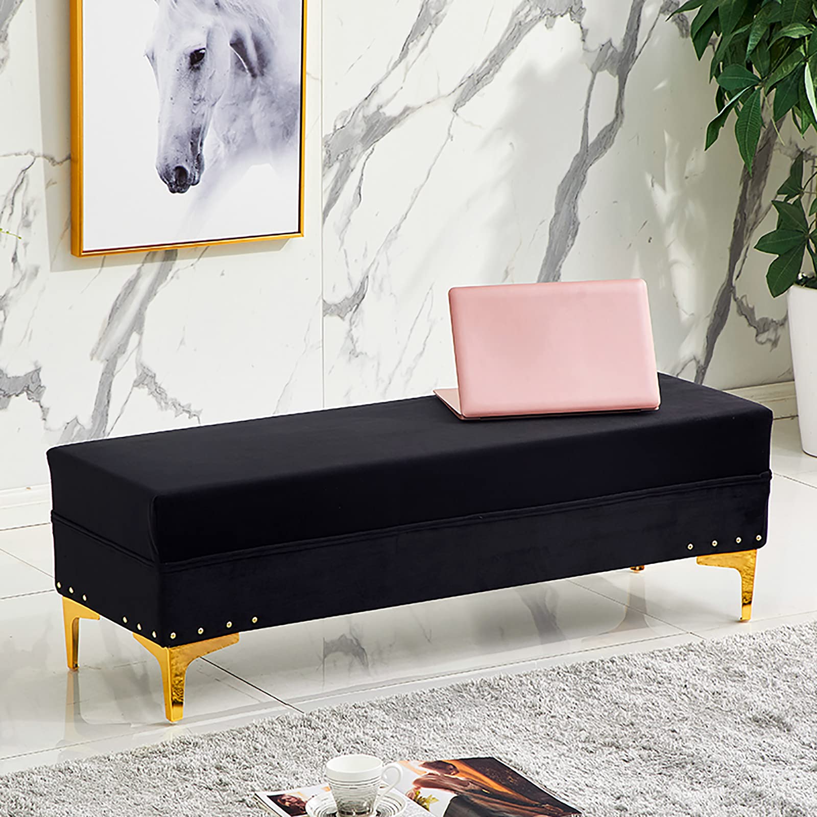 SXZenSpace Luxurious Storage Ottoman Bench,Velvet Upholstered Footrest End Of Bed Bench With Storage,Modern Living Room Entryway Shoe Changing Stool-Black 100x40x40cm(39x16x16inch)