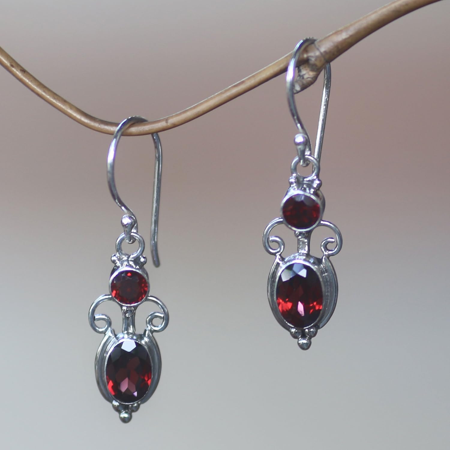 NOVICA Garnet Dangle Earrings Sterling Silver Garnet Red Dangle Birthstone Indonesia [1.2in L x 0.4in W] Crown Princess