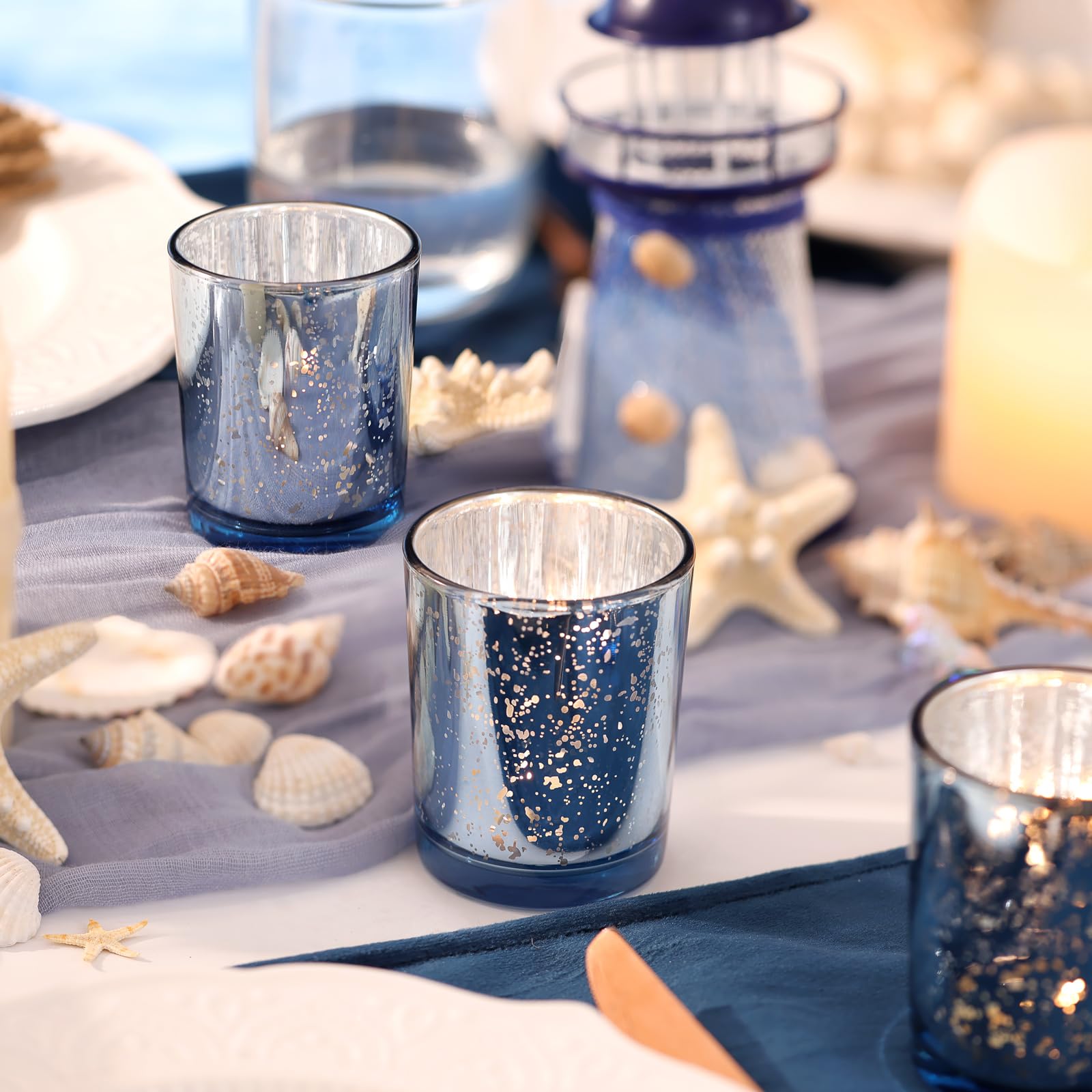 12pcs Large Blue Votive Candle Holders With Vintage Floral Design - 3.16 Inch Tealight Holders