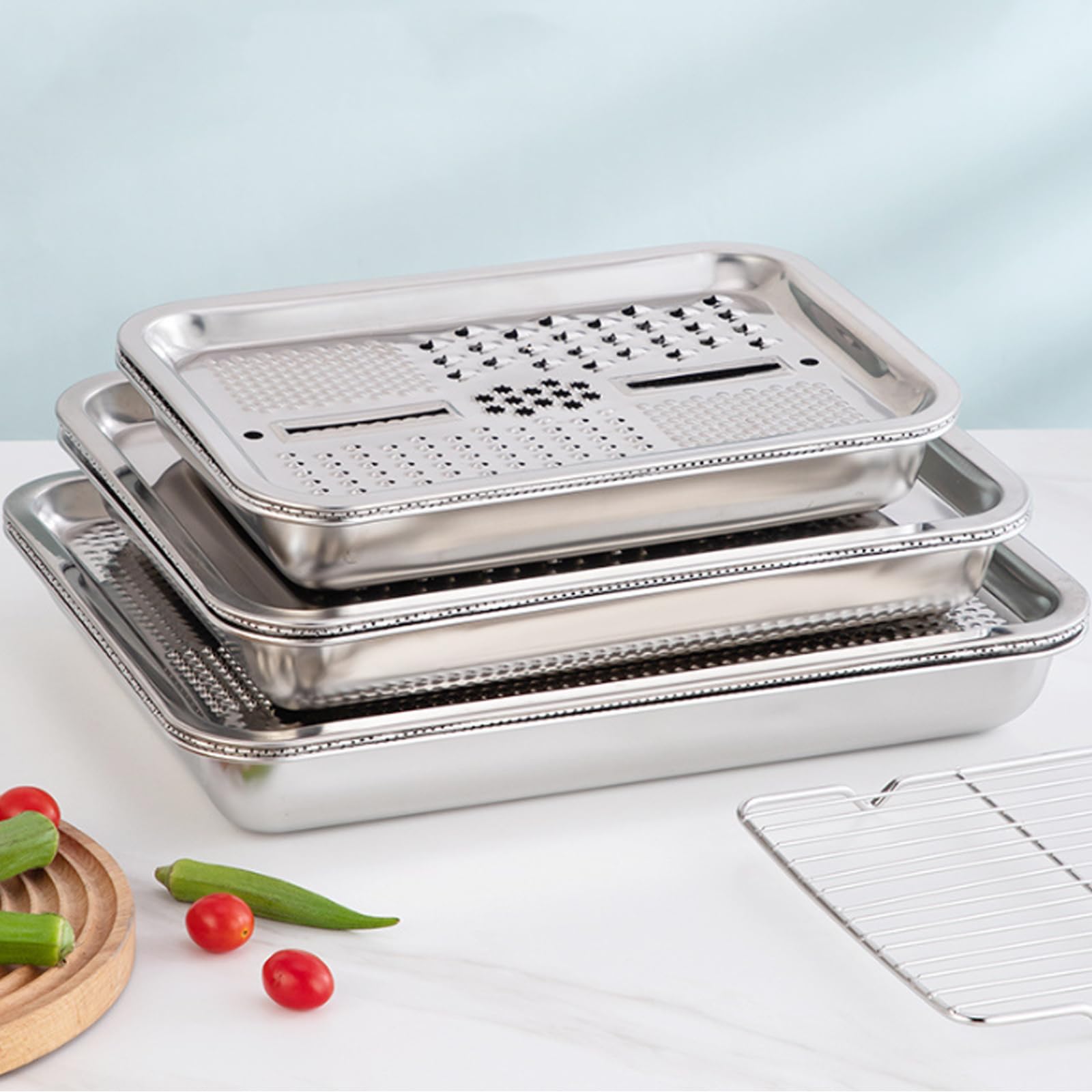 Mehrzweck Reibe Tablett Set aus Edelstahl für die Küche, enthält 5 praktische Utensilien Kochen Reibe Tablett
