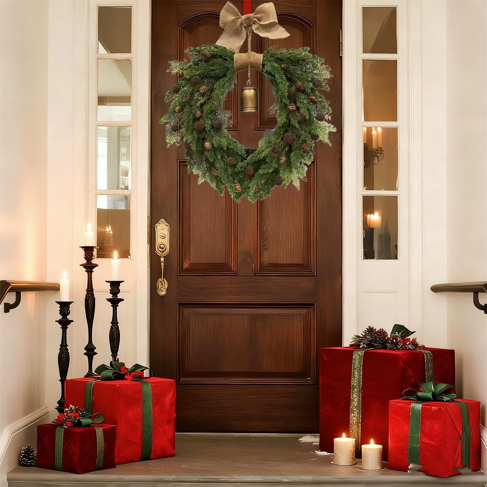 45 cm Weihnachtskranz Bauernhaus, Weihnachtsdeko Kranz Haustür, Künstlicher Weihnachtskranz mit Tannenzweigen und Glöckchen, Geeignet für Türen, Wände und Festliche Dekorationen