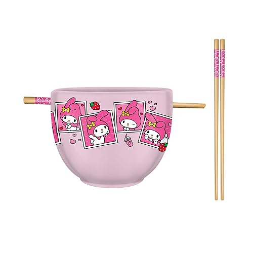 Silver Buffalo Sanrio Hello Kitty and Friends Pastel Dreamland Featuring Pochacco, Chococat, and Keroppi Ceramic Ramen Noodle Rice Bowl with Chopsticks and Spoon, Microwave Safe, 20 Ounces - My Melody Polaroids
