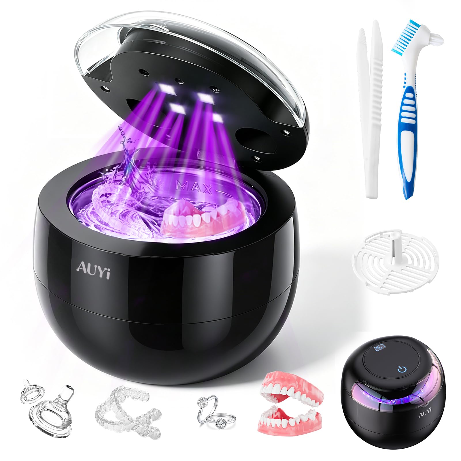 Ultraschallreinigungsgerät 45kHz, Ultraschallreiniger mit UV Licht für Gebiss Zahnersatz Zahnspange Retainer Aligner | 200ml Reinigungstank, Schmuckreiniger für Schmuck Uhren Brillen, 4 Modi Tiefenreinigung