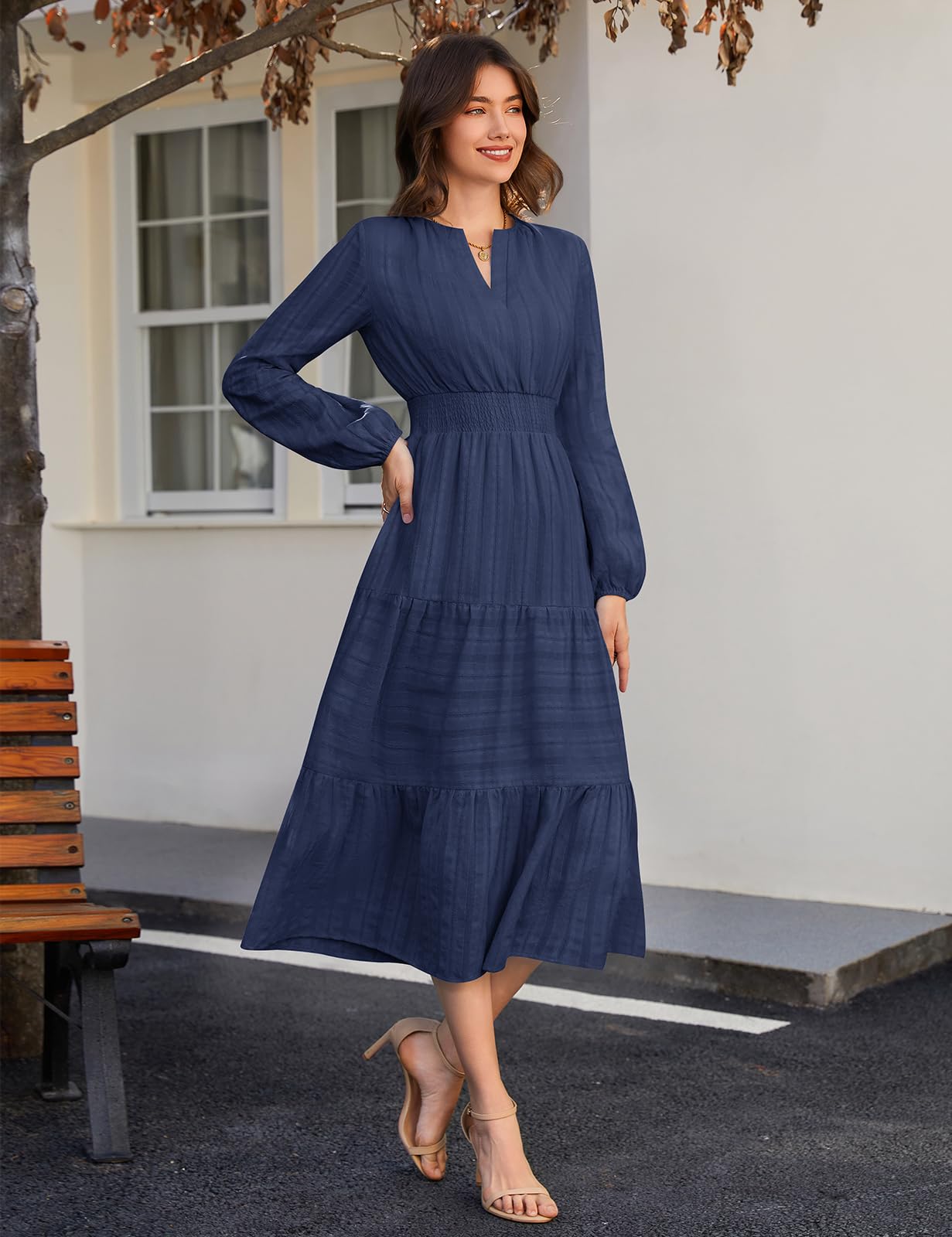 Damen Kleid Langarm V-Ausschnitt Herbst