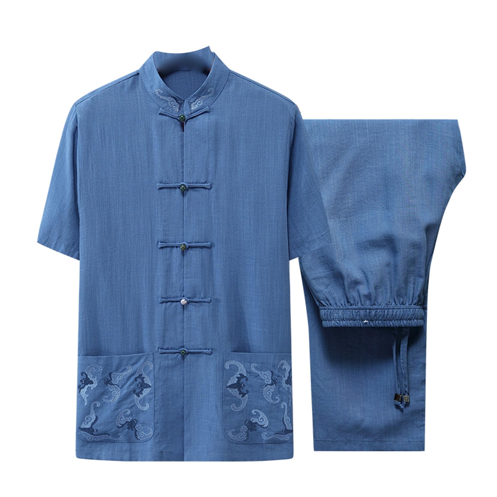 Herren chinesische Tang Anzug Meditation Anzug Hand mit Drachenmuster Kampfsportkleidung und Hosen Bestickt Blue 1-L