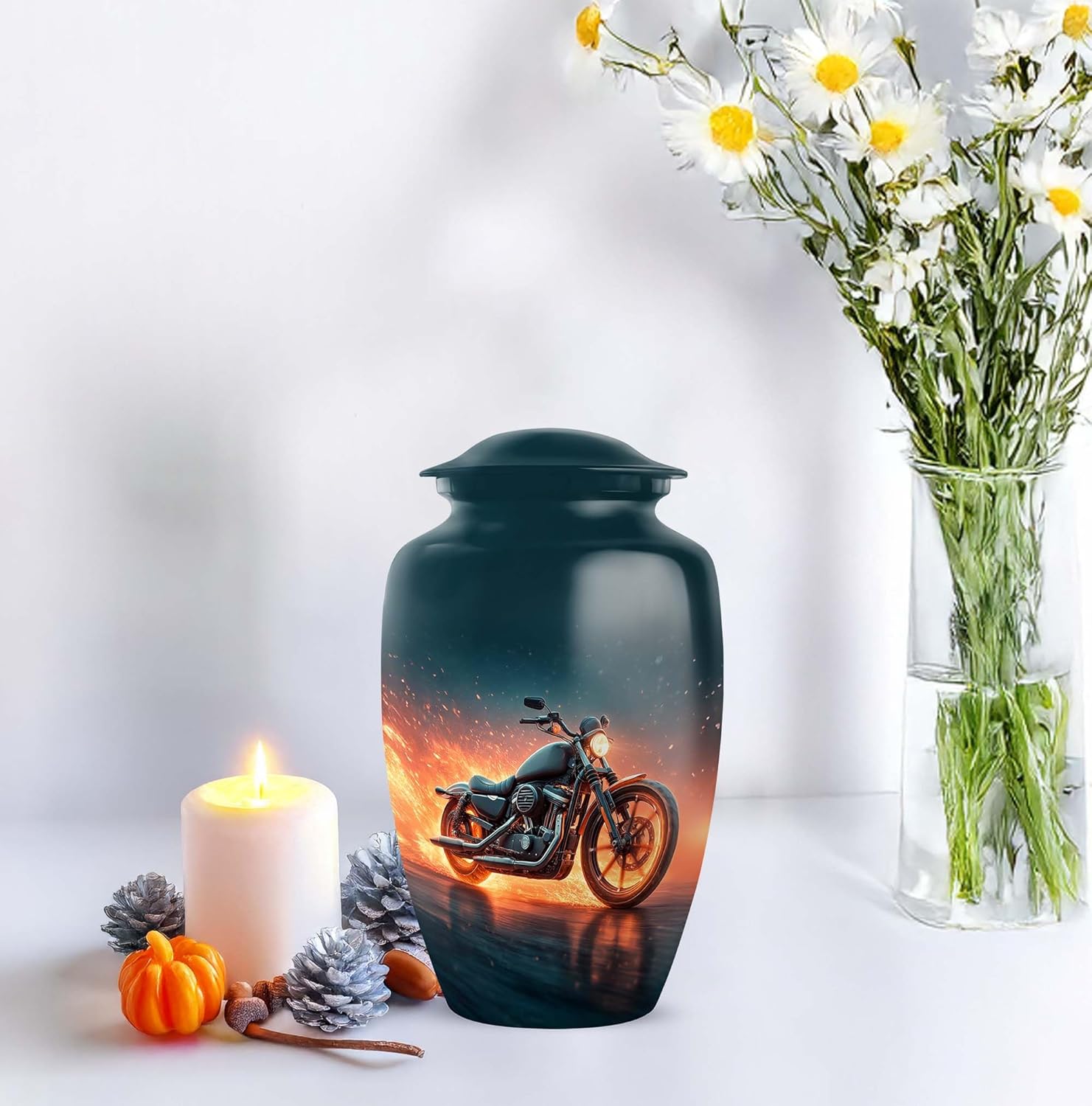 Motorcycle Funeral Urn for Ashes for Women and Men 10 Inch, 4 Keepsake Set - Cremation Urns for Human Ashes - Green Memorial Ash Urn for Human Remains - Large Burial Urns for Mom