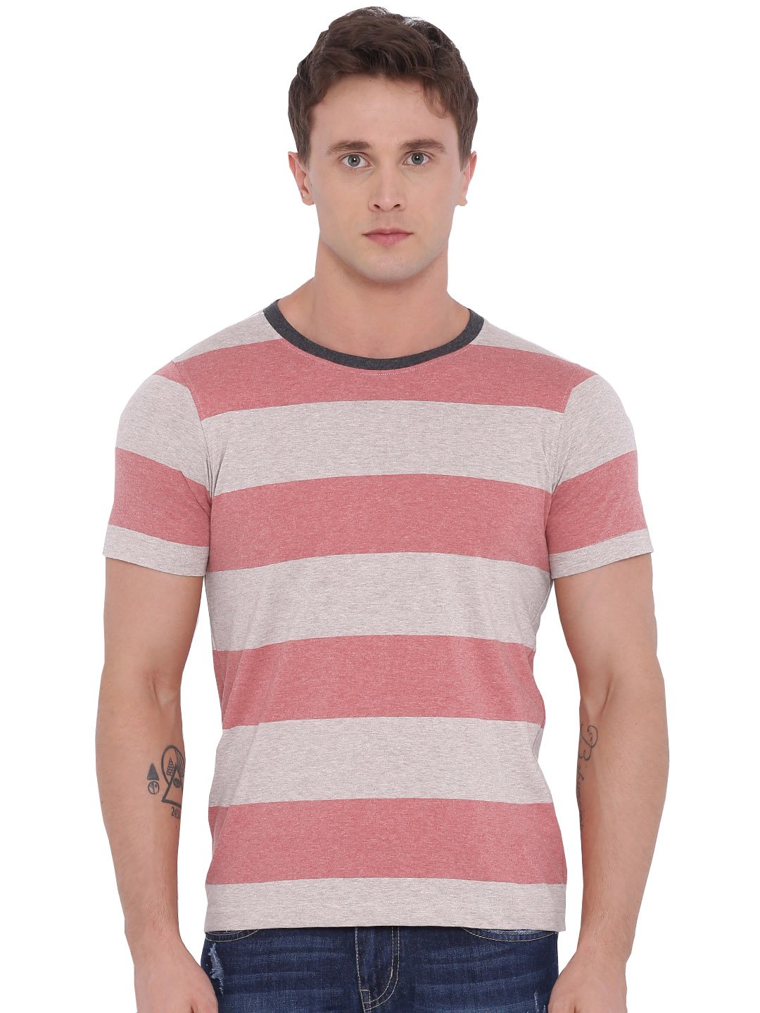 AMERICAN CREW Men's Stripes T-Shirt (Brick Red & Brown Melange)