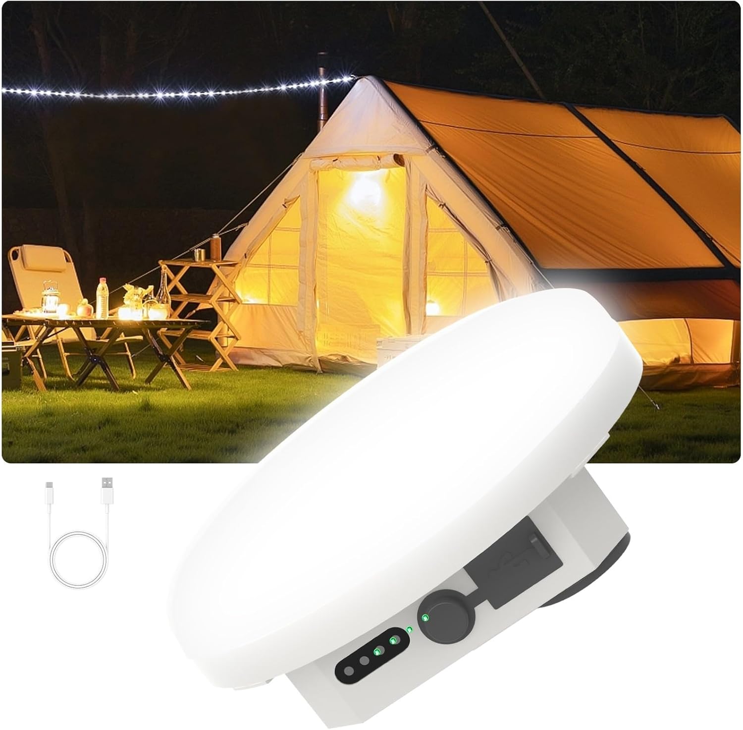 Tent Light – 4 Lighting Modes, 24-Hour Runtime, IPX5 Waterproof, Drop-Resistant,Super Bright Rechargeable LED Camping Lantern with Magnetic Base & Foldable Hook for Glamping & Outdoor Use