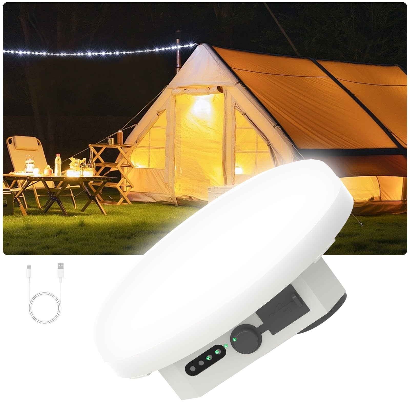 Lanterna da campeggio a LED ricaricabile, 4 modalità di illuminazione, durata 24 ore, impermeabile IPX5, resistente alle cadute, luce super luminosa per tenda con base magnetica e gancio pieghevole
