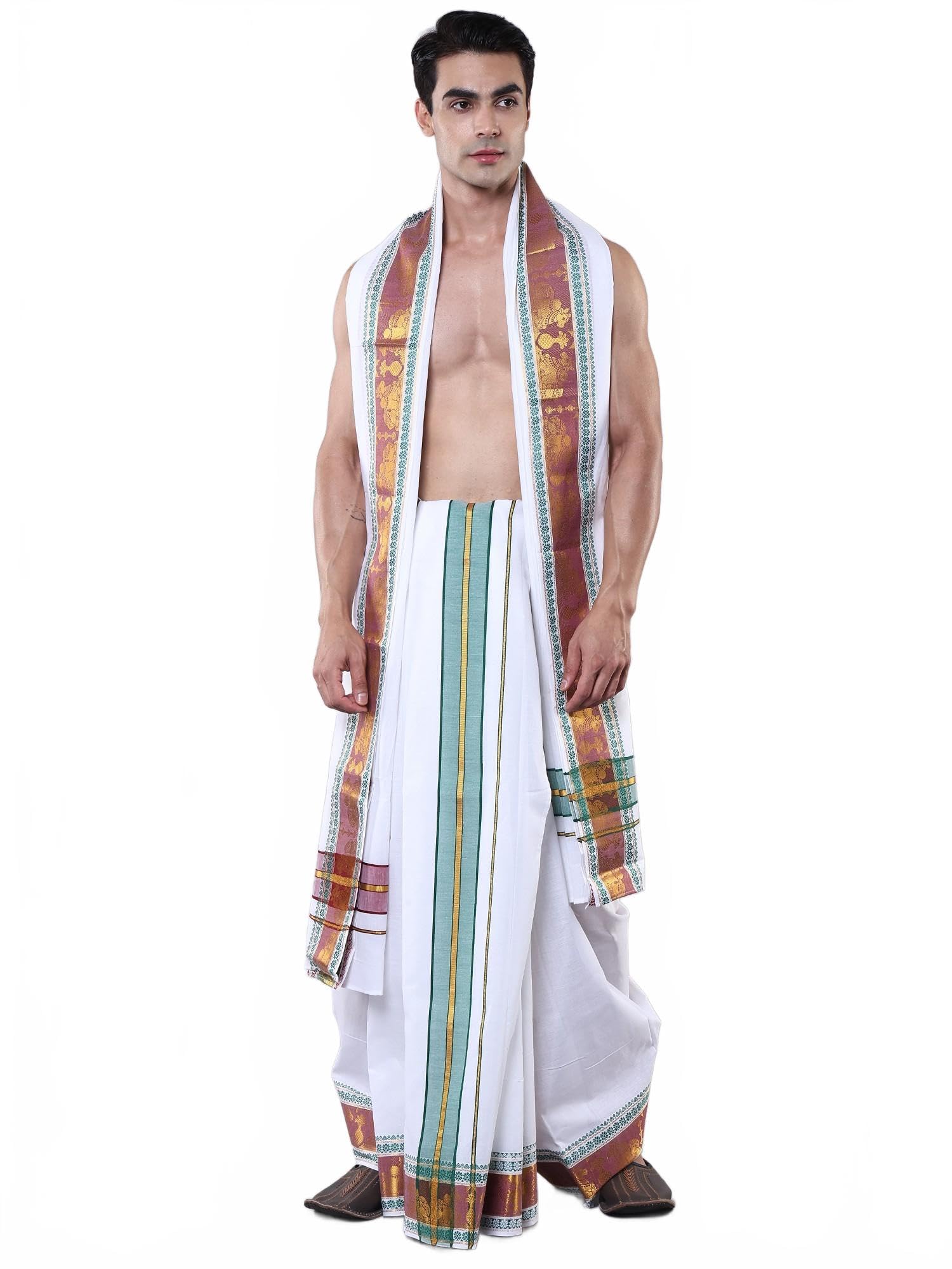 Pure Cotton Dhoti & Angavastram Set with Woven Nandi Border | Men's Ethnic Wear for Engagement Ceremony-image-37