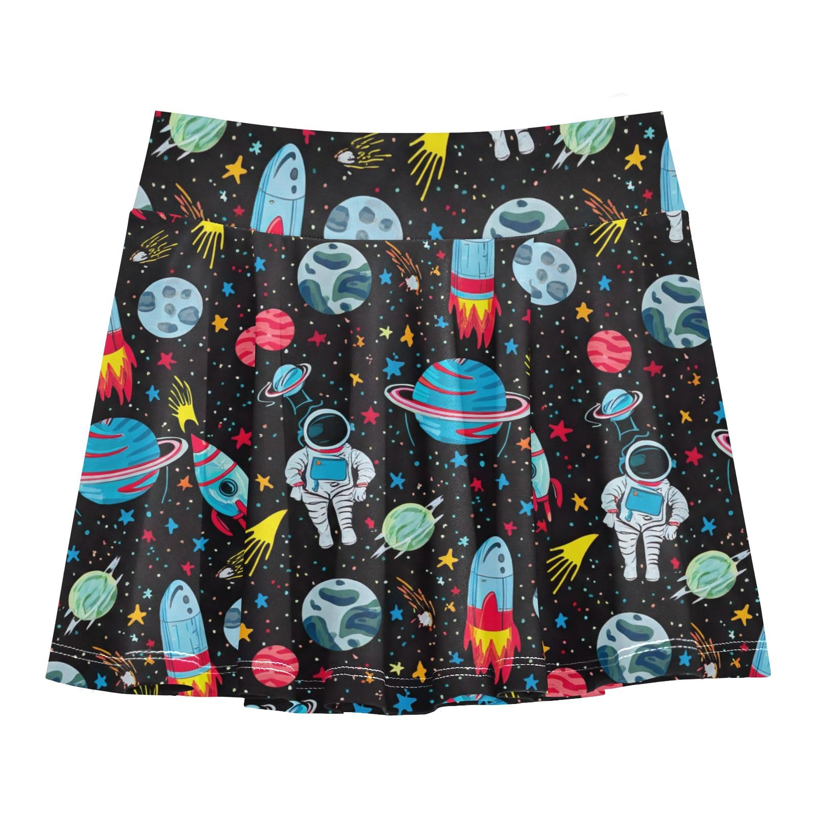 CHIFIGNO Cute Cartoon Astronauts Black Girls' Athletic Skorts Tennis Running Skirts Flowy Dance Skirt with Shorts Size 7-8