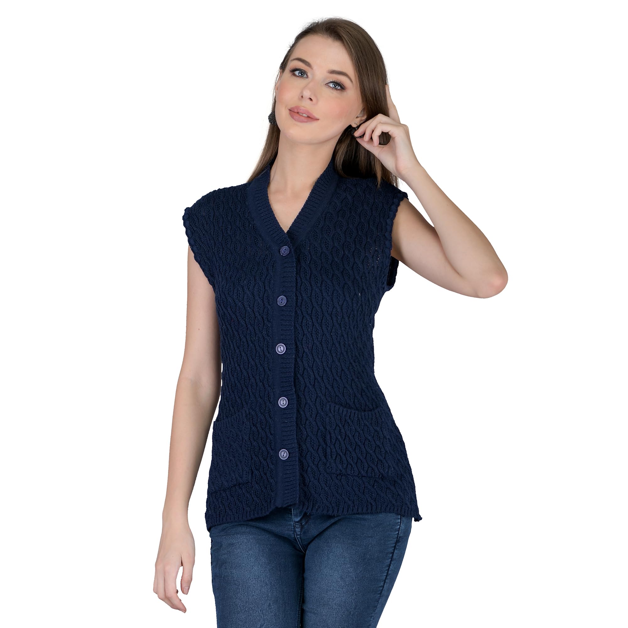 Women's Woolen V-Neck Self Design Cardigan - Heavy Daffodil Fabric Winter Wear Pure Wool Long Cotty Fully Warm Free Size