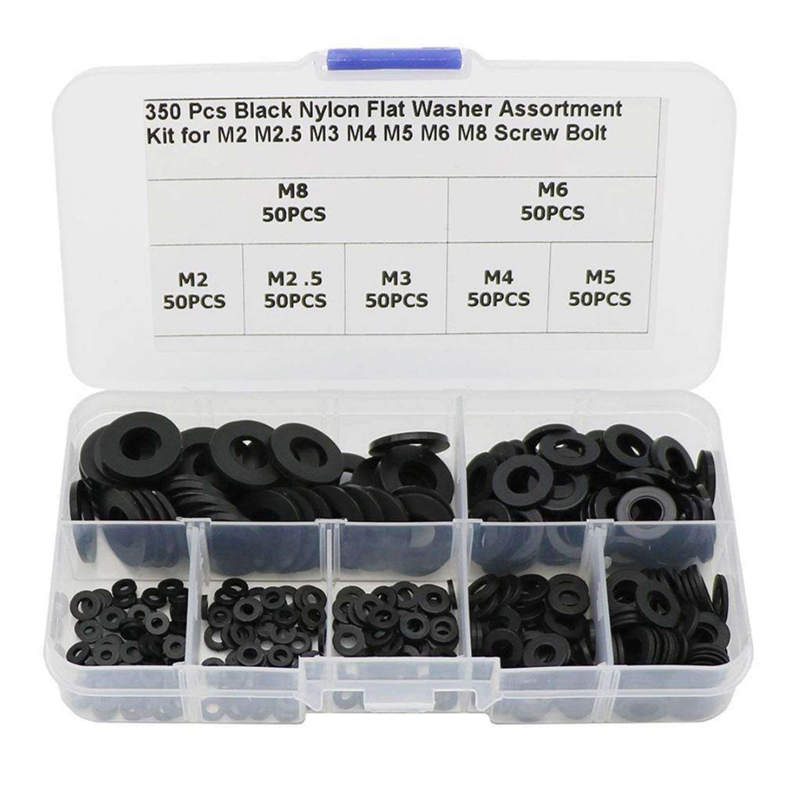 Unterlegscheibe, 350-tlg. schwarzes Nylon-Unterlegscheiben-Sortiment M2/M2,5/M3/M4/M5/M6/M8, Hardware-Zubehör, Befestigungselemente für die Metallbearbeitung, Verschiedene Haushaltsgegenstän