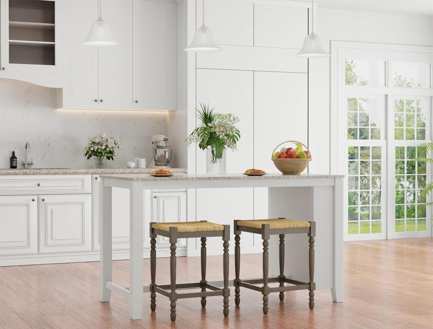 Carolina Chair & Table Hawthorne 24" Counter Stool with Woven Rush Seat - Vintage Asian Hardwood Legs, Hand Finish Backless Stool - Contemporary Footrest Furniture for Bar, Kitchen (Weathered Gray)