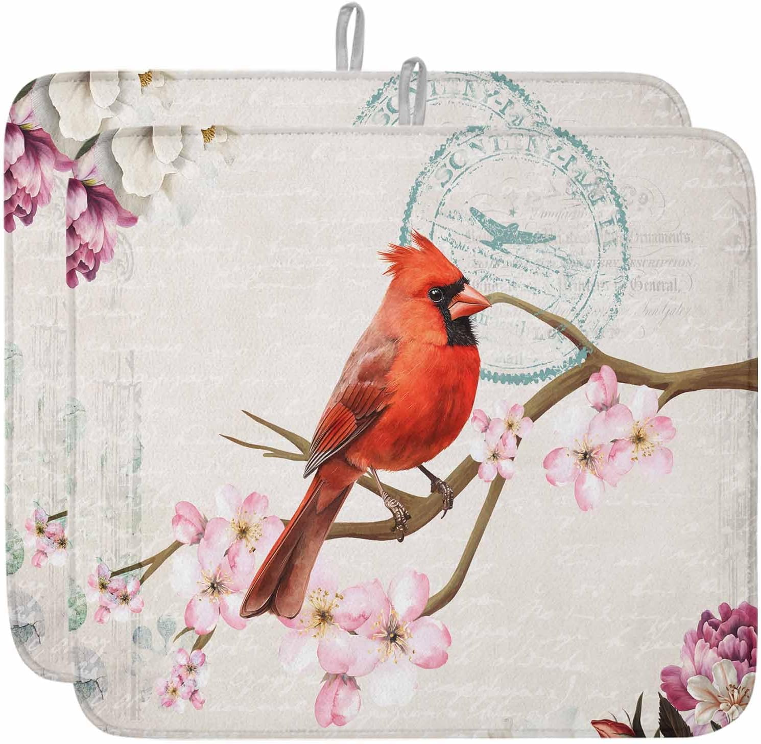 Dish Drying Mat Set of 2 Vintage Bird Microfiber Absorbent Reusable Washable Dish Drying Rack Mat Floral Branch Coffee Mat for Coffee Maker Bar Kitchen Countertops 16x18inch