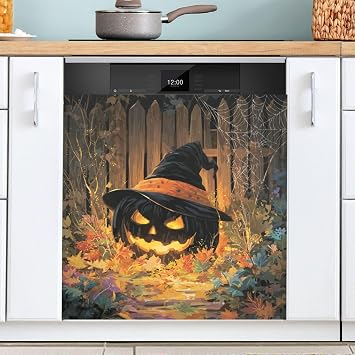 Halloween Pumpkin Witch Leaves Amber Dishwasher Magnet Cover Kitchen Halloween Decorative Reusable Dishwasher Cover Decal for Home Appliances Cabinets Panel 23x26 in