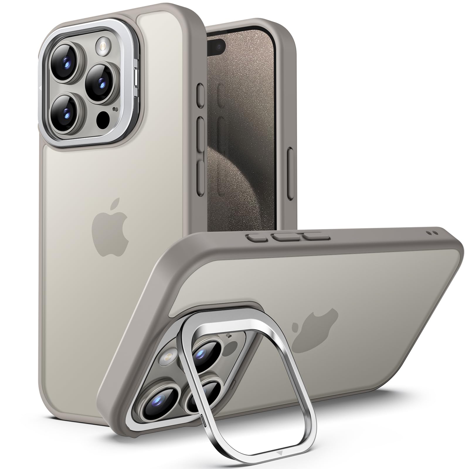 JETechKickstand Case for iPhone 15 Pro Max 6.7-Inch, Built-in Adjustable Camera Stand, Military Grade Drop Protection, Frosted Translucent Matte Back Shockproof Phone Cover (Natural Titanium)