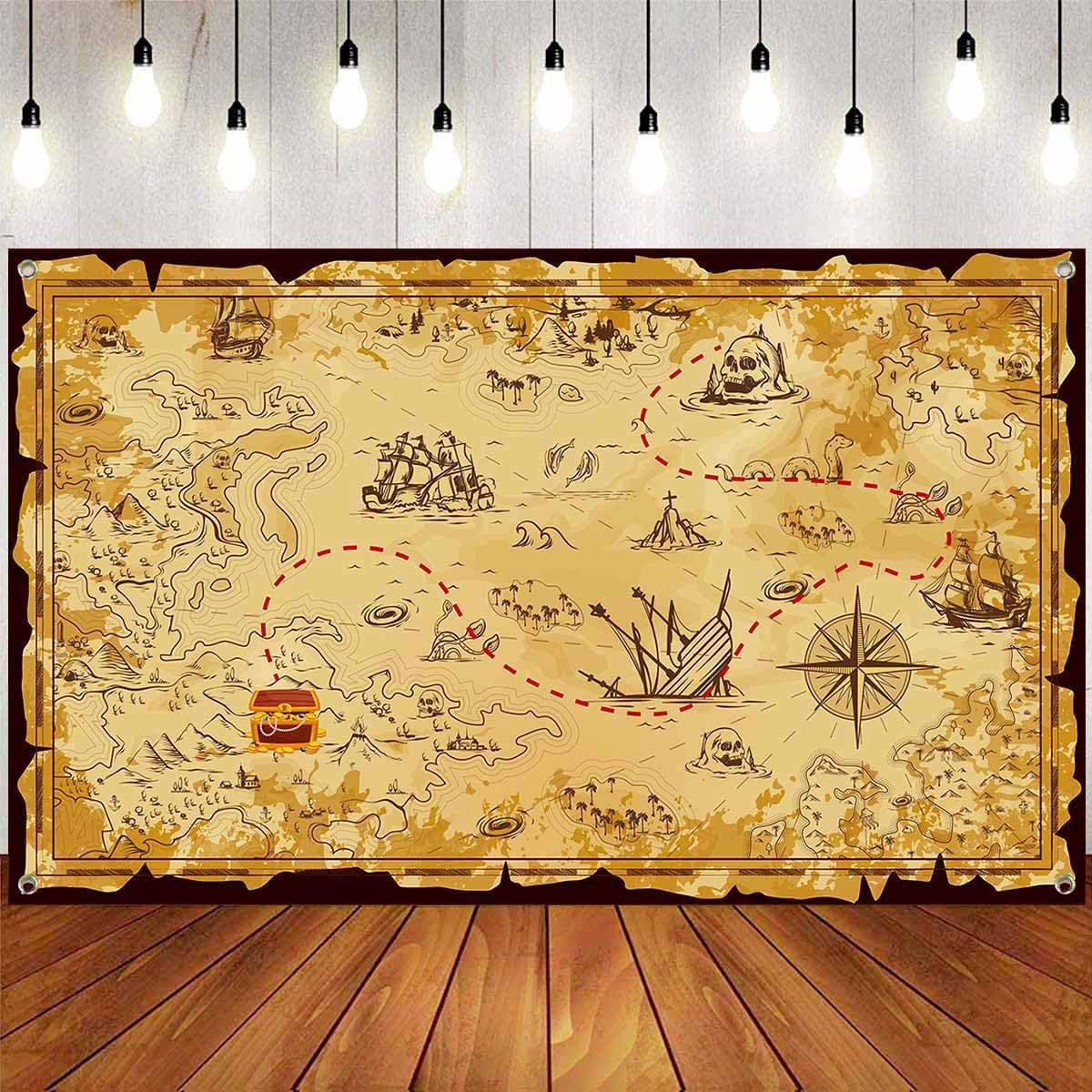 Pirate Backdrop Decorations Supplies 110 x 180 cm Treasure Map Backdrop for Halloween Birthday Carnival Treasure Adventure Party Decor Pirate Photo Booth Props Photography Background